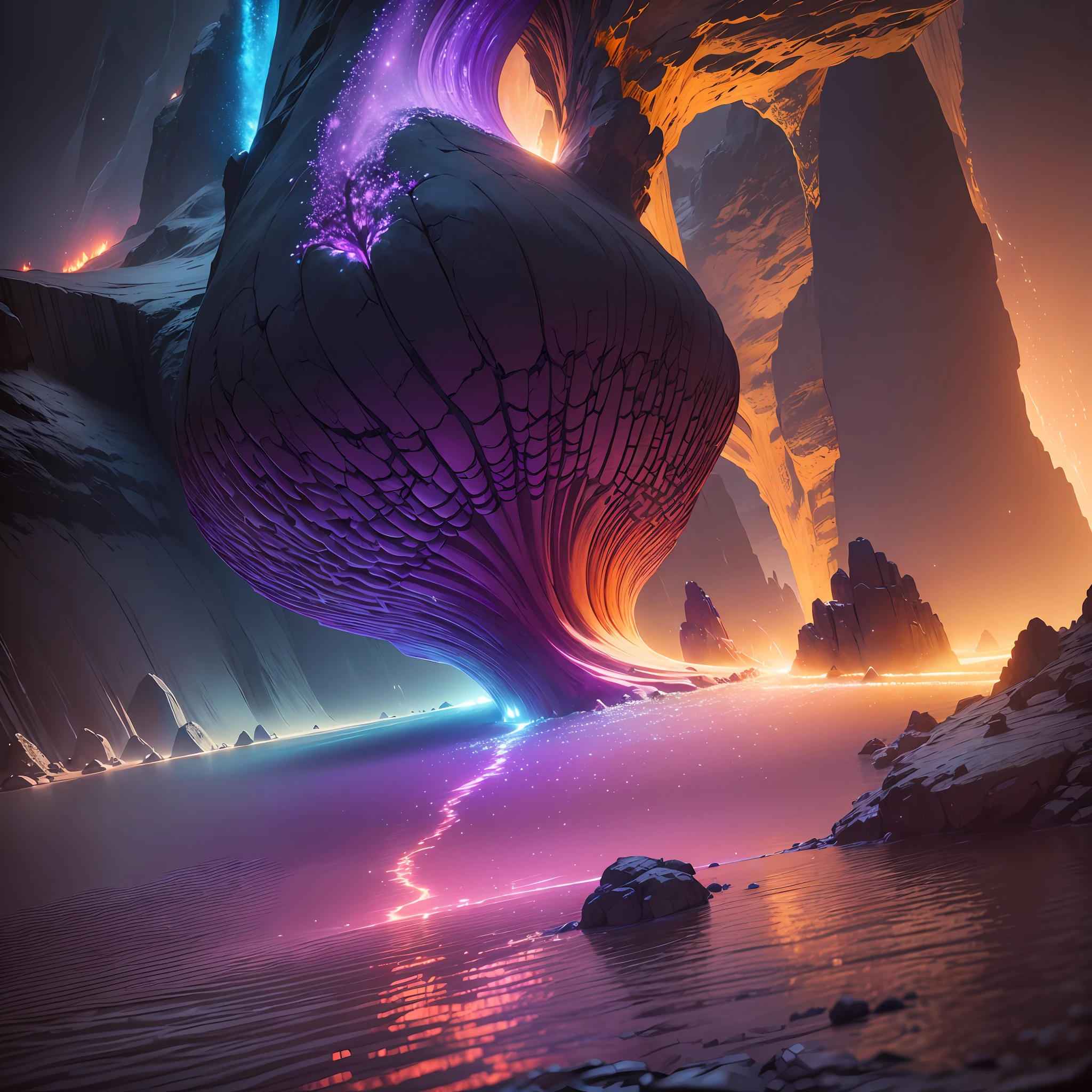 extensive landscape photography (bottom view, which shows the vault of the cave, (cave detail), above and the lake of fire below), blonde guy (human ultradetailing), standing on a stone ledge (stone ledge ultradetailing), and looking down (lake of fire: 1.2), (falling stones: 0.9), (fire: 1.3), a distant mountain, a tree BREAK production art, (warm light source: 1.2), (Firefly: 1.2), a lamp, a lot of purple and orange,  Complex Details, Volumetric Lighting, Realism BREAK (Masterpiece:1.2), (Best Quality), 4K, Ultra Detailed, (Dynamic Composition: 1.4), High Detailed, Colorful Details, (Rainbow Colors: 1.2), (Luminous Lighting, Atmospheric Lighting), Dreamy, Magical, (Solo: 1.2) --auto --s2