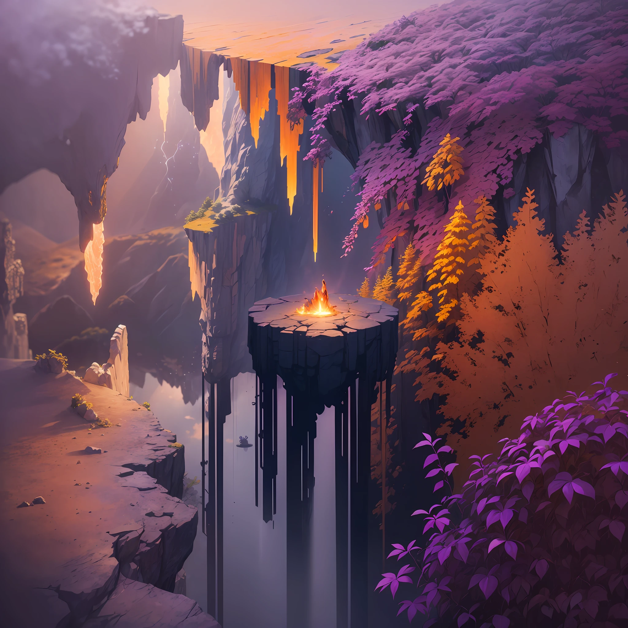 extensive landscape photography (bottom view, which shows the vault of the cave, (cave detail), above and the lake of fire below), blonde guy (human ultradetailing), standing on a stone ledge (stone ledge ultradetailing), and looking down (lake of fire: 1.2), (falling stones: 0.9), (fire: 1.3), a distant mountain, a tree BREAK production art, (warm light source: 1.2), (Firefly: 1.2), a lamp, a lot of purple and orange,  Complex Details, Volumetric Lighting, Realism BREAK (Masterpiece:1.2), (Best Quality), 4K, Ultra Detailed, (Dynamic Composition: 1.4), High Detailed, Colorful Details, (Rainbow Colors: 1.2), (Luminous Lighting, Atmospheric Lighting), Dreamy, Magical, (Solo: 1.2) --auto --s2