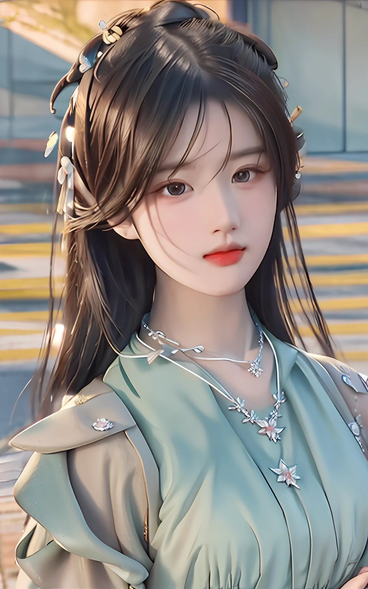 Best quality, masterpiece, high resolution, 1girl, porcelain dress, hair accessories, necklace, jewelry, beautiful face, on the body, Tyndall effect, realistic, dark studio, edge lighting, two-tone lighting, (high detail skin: 1.2), 8k UHD, dslr, soft light, high quality, volumetric light, candid, photo, high resolution, 4k, 8k, background blur,