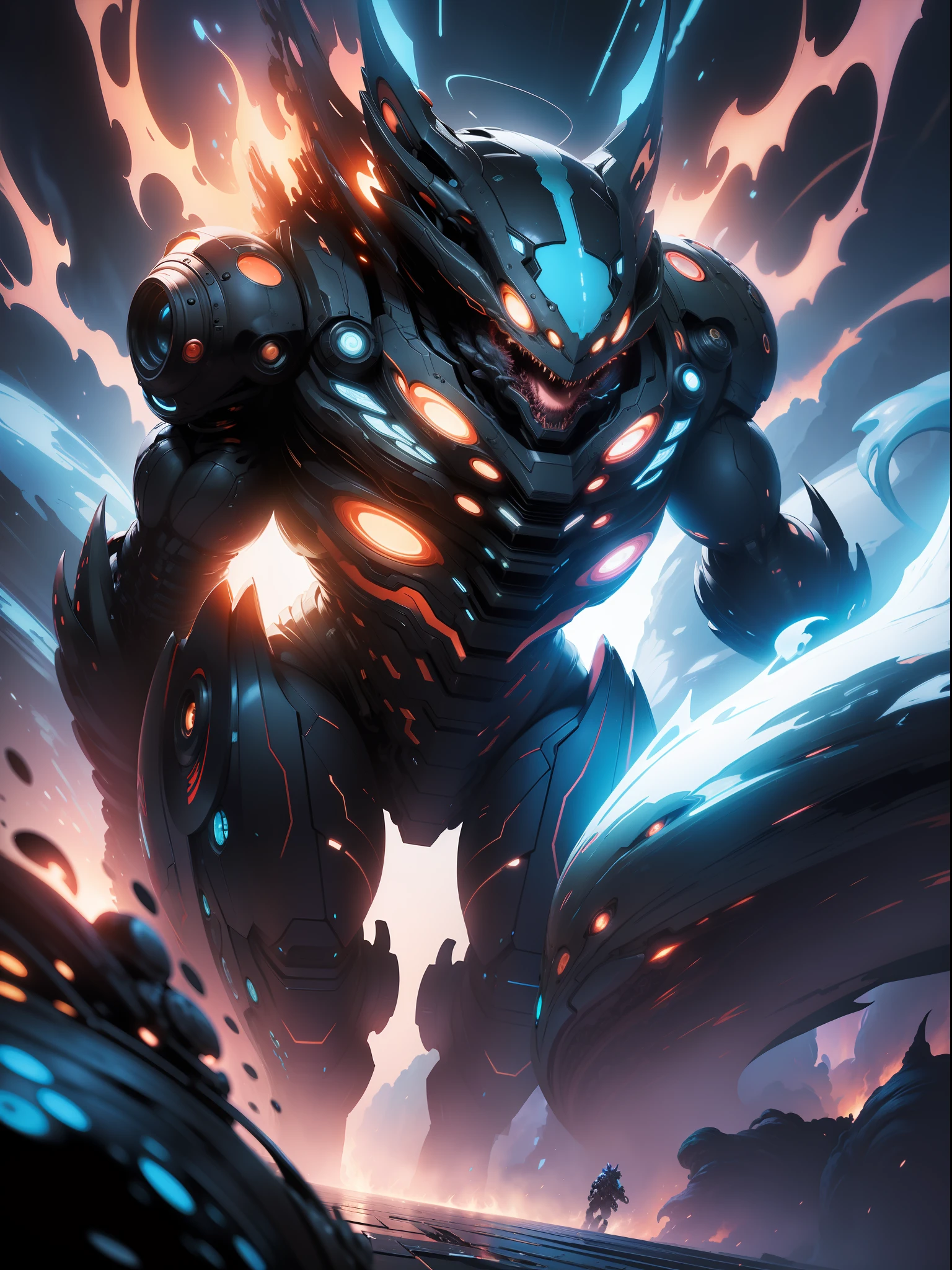 alien creature full of tentacles, with immersive effects, hover effect, graphite style background with vibrant colors "ultra HDR" detailed and with focus effect, heterochromia, perfect anatomy, centered, approaching perfection, dynamic, highly detailed,absurd resolution, high resolution, (masterpiece: 1.4), hyper-detail, a mech, black armor, large warehouse, open eyes, from various positions to the lens, fire, :: Comix style by Joe Madureira, perfect and detailed, alien creature full of tentacles, with immersive effects, hover effect, graphite style background with vibrant colors "Ultra HDR" detailed