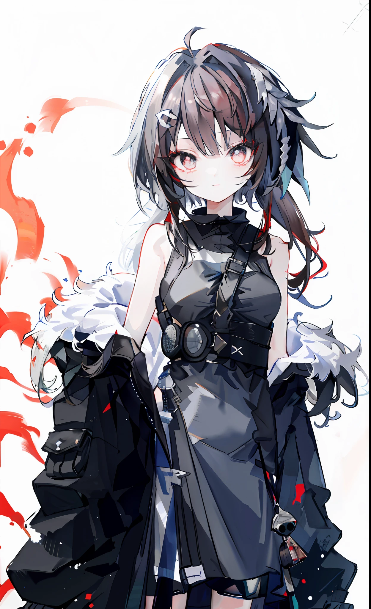 (Masterpiece: 1.3), (Best Quality), 1 Girl, Big Tits, Very Detailed Red Eyes, Very Detailed Face, White Background, High Resolution, Ridiculous, Smile, Standing, Very Detailed, Looking at the Audience, Cowboy Shot, Solo, Bright Colors, Hu Tao (Genshin Impact), Symbol-shaped Pupils, Hat, Long Brown Hair, Bangs, Double Tail, Flower-shaped Pupils, Black Coat, Coat, Black Shorts, Red Shirt, Arms Behind Back, Sexy, Broken