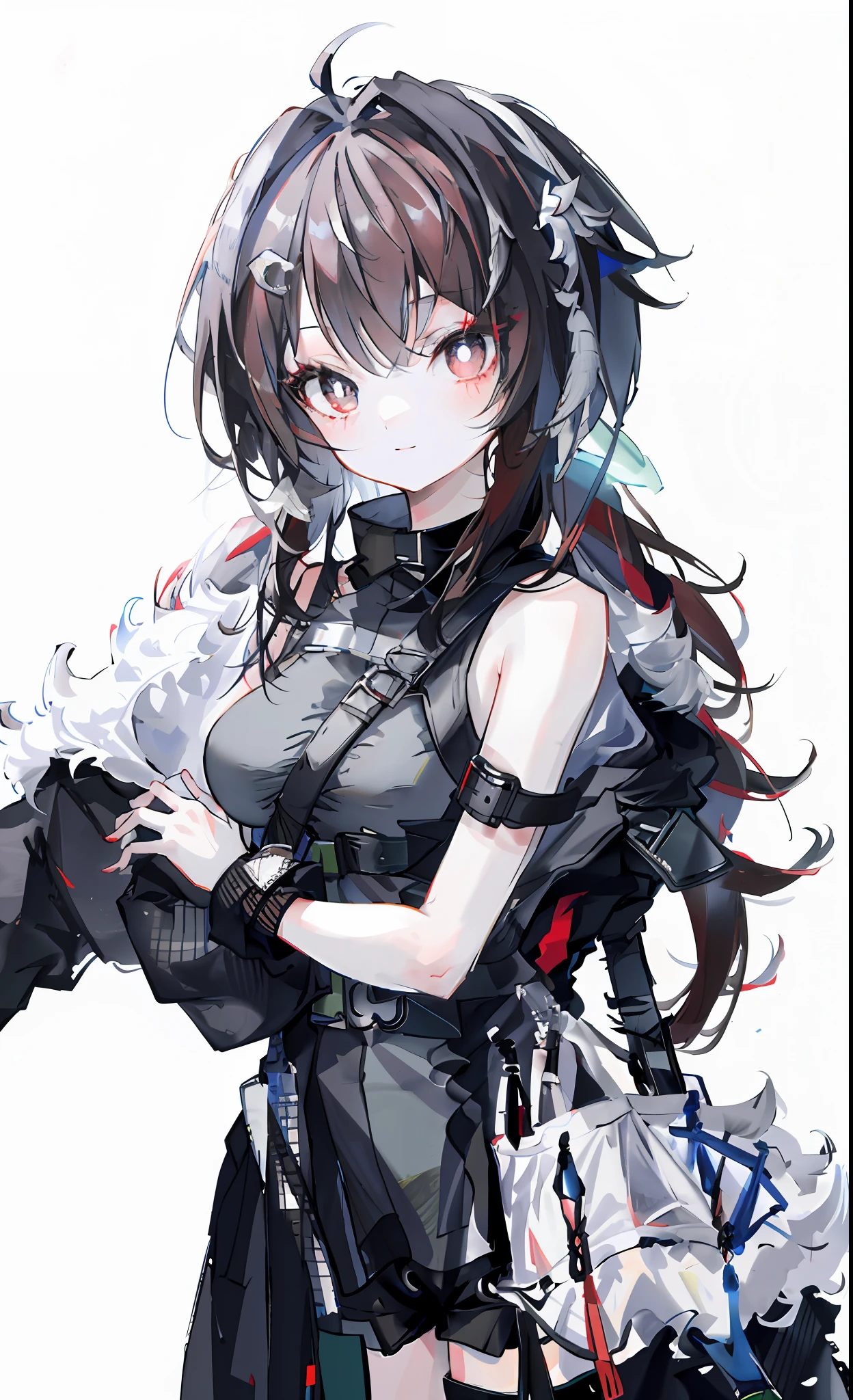 (Masterpiece: 1.3), (Best Quality), 1 Girl, Big Tits, Very Detailed Red Eyes, Very Detailed Face, White Background, High Resolution, Ridiculous, Smile, Standing, Very Detailed, Looking at the Audience, Cowboy Shot, Solo, Bright Colors, Hu Tao (Genshin Impact), Symbol-shaped Pupils, Hat, Long Brown Hair, Bangs, Double Tail, Flower-shaped Pupils, Black Coat, Coat, Black Shorts, Red Shirt, Arms Behind Back, Sexy, Broken