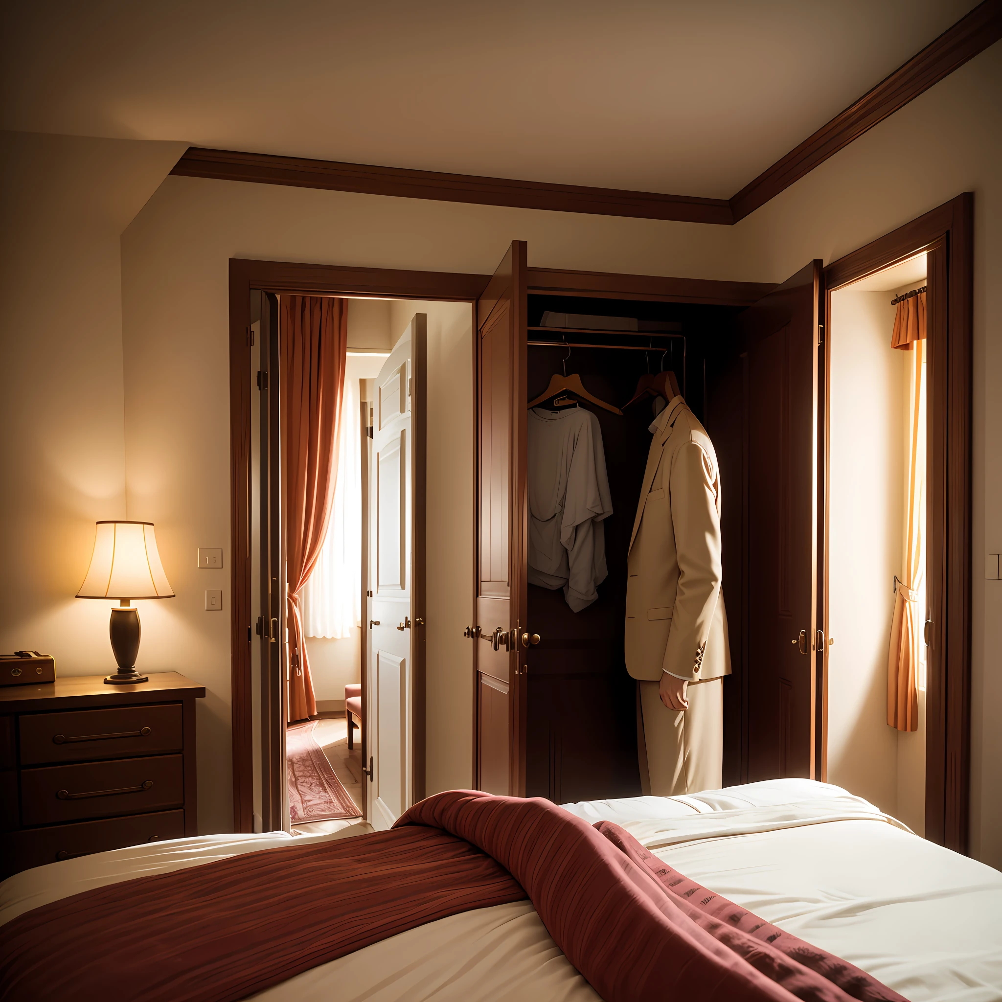 "Inn room, cozy interior, suitcases being unpacked, a man and a woman together, couple in love, intimate environment, contemplative shot."