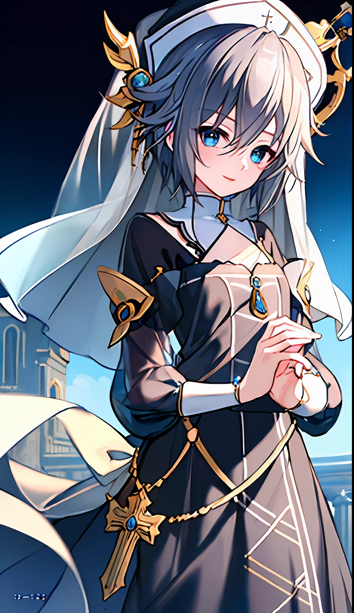 (((Masterpiece)))), (((highest quality)))), (((very detailed))), detailed fingers, precise fingers, non-unnatural hands, gold hair ornament, white sister hat, illustration, black sister's veil, black monastic clothing, NIA,