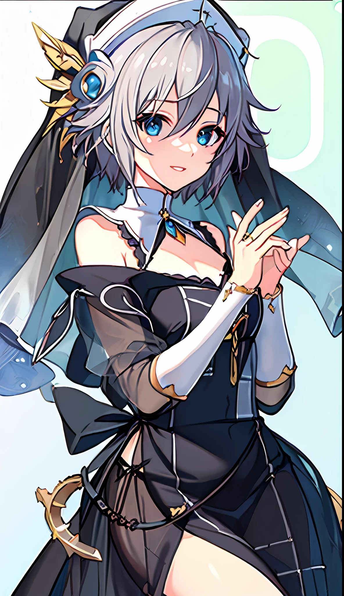 (((Masterpiece)))), (((highest quality)))), (((very detailed))), detailed fingers, precise fingers, non-unnatural hands, gold hair ornament, white sister hat, illustration, black sister's veil, black monastic clothing, NIA,