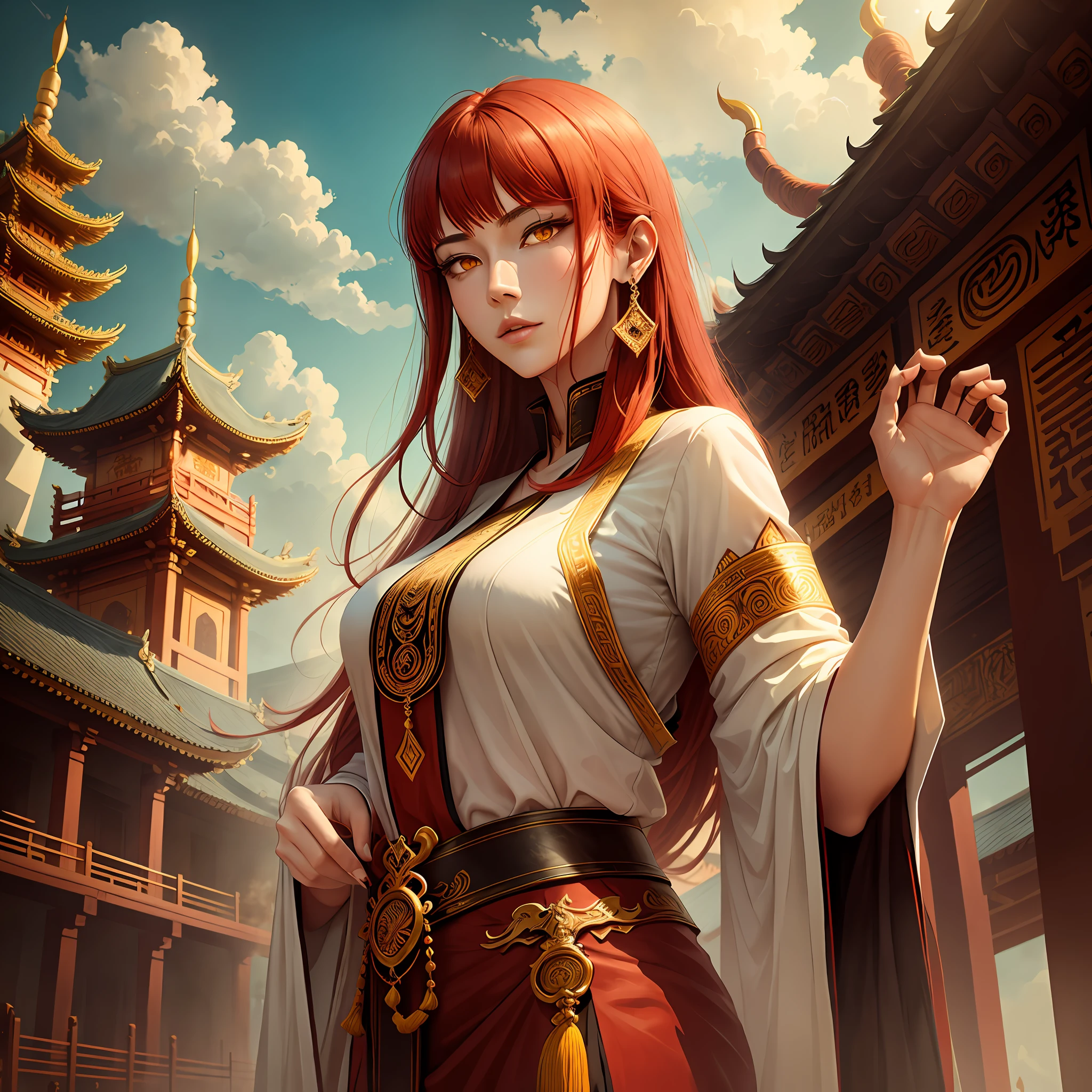 Beautiful tall woman with red hair yellow eyes temple scenery