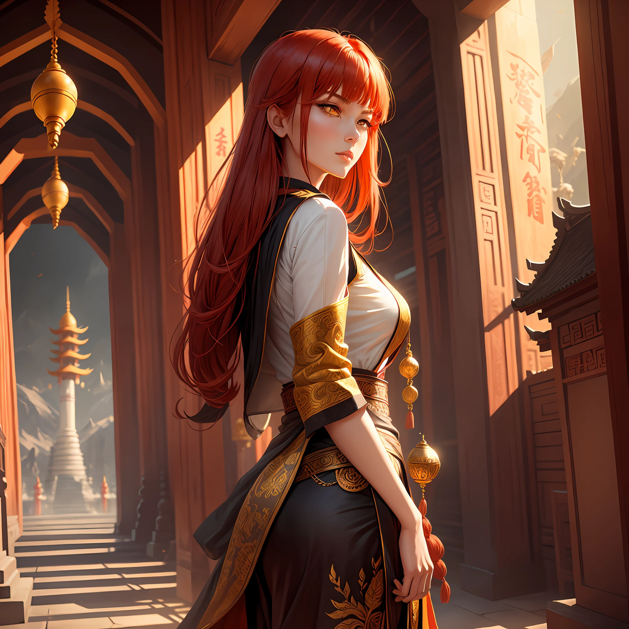 Beautiful tall woman with red hair yellow eyes temple scenery