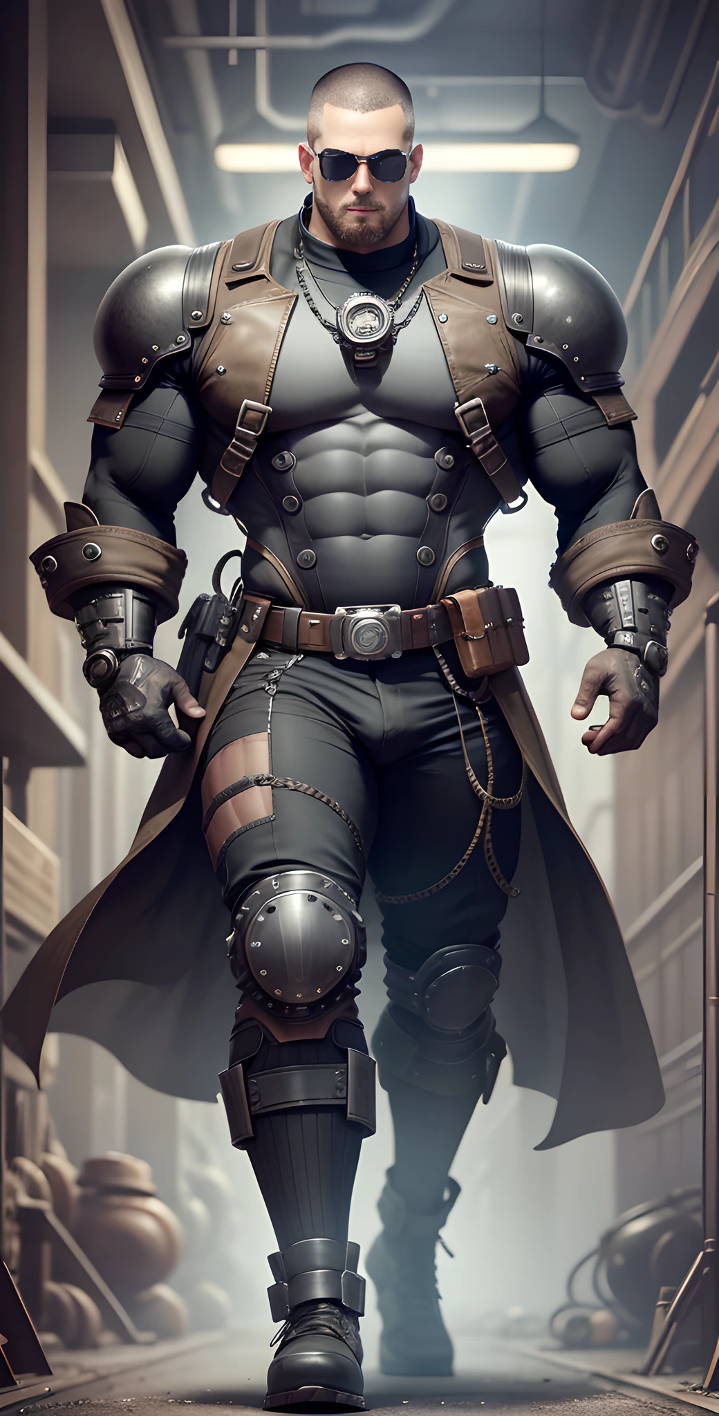 Male in the Heath, tall and burly, black tights, big muscles, big bulge, Buzz cut, black sunglasses, black military boots, buzz cut, steampunk style, steampunk art, complex mechanical devices such as gears, pipes, valves, (huge industrial building: 1.4), gray theme, retro futurism, crazy details, (Fujiflim XT3), 20 megapixels, detailed, cinematic particles,