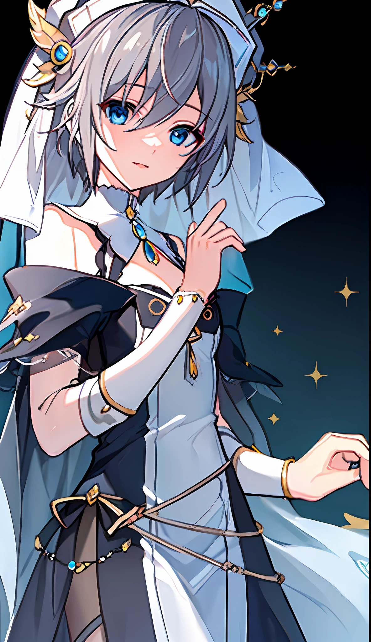 (((Masterpiece)))), (((highest quality)))), (((very detailed))), detailed fingers, precise fingers, non-unnatural hands, gold hair ornament, white sister hat, illustration, black sister's veil, black monastic clothing, NIA,