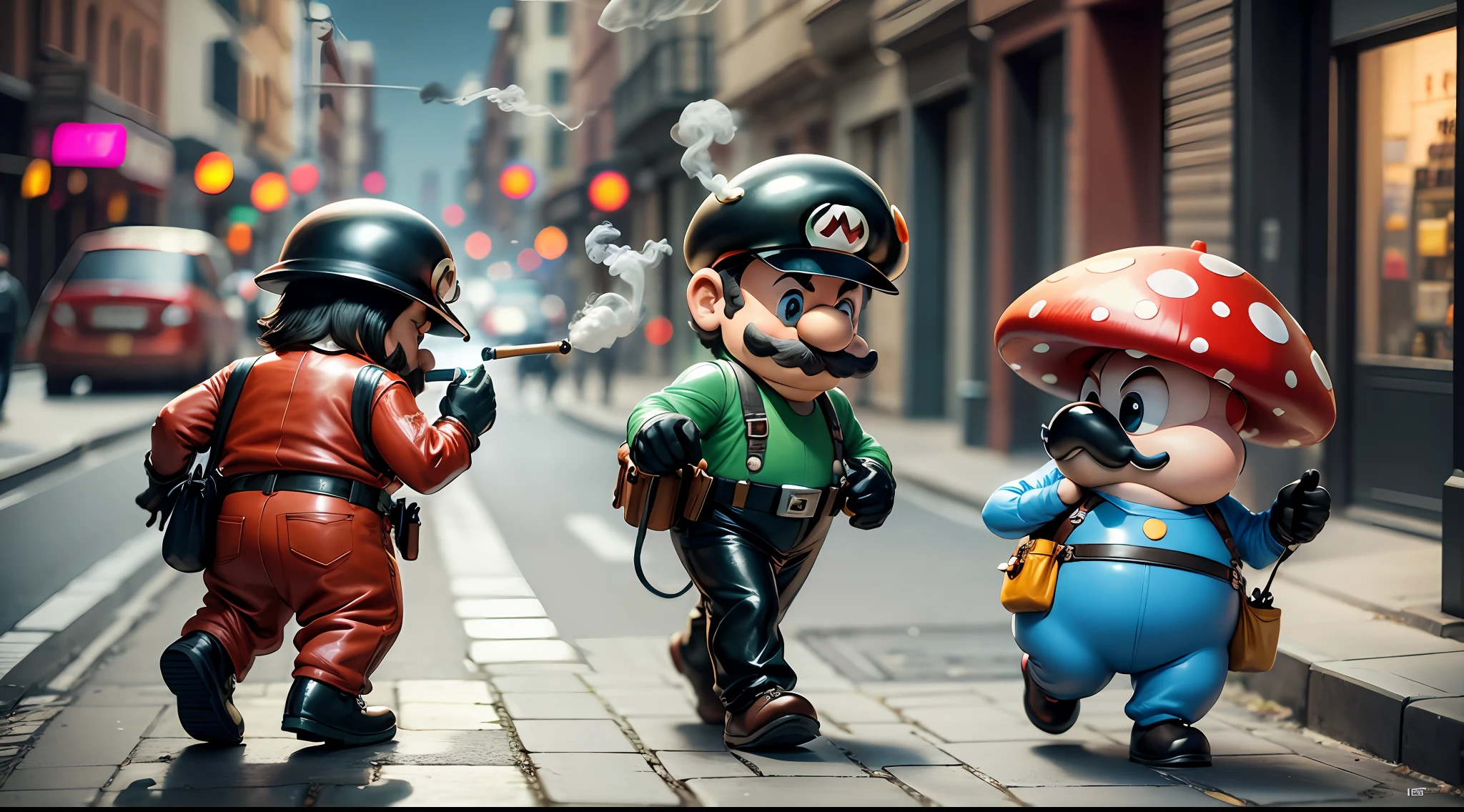 Mario Bros smoking a mushroom along with Toddy the two slightly drunk, and has to be walking down the street as if the two of them are coming home drunk and behind them walking around dressed as a cop the Darth Vader from Star Wars just walking atars of them drunk and smoking mushroom 8k, uhd, severe low lighting, high quality, sharp focus, fujifilm XT3 --auto --s2