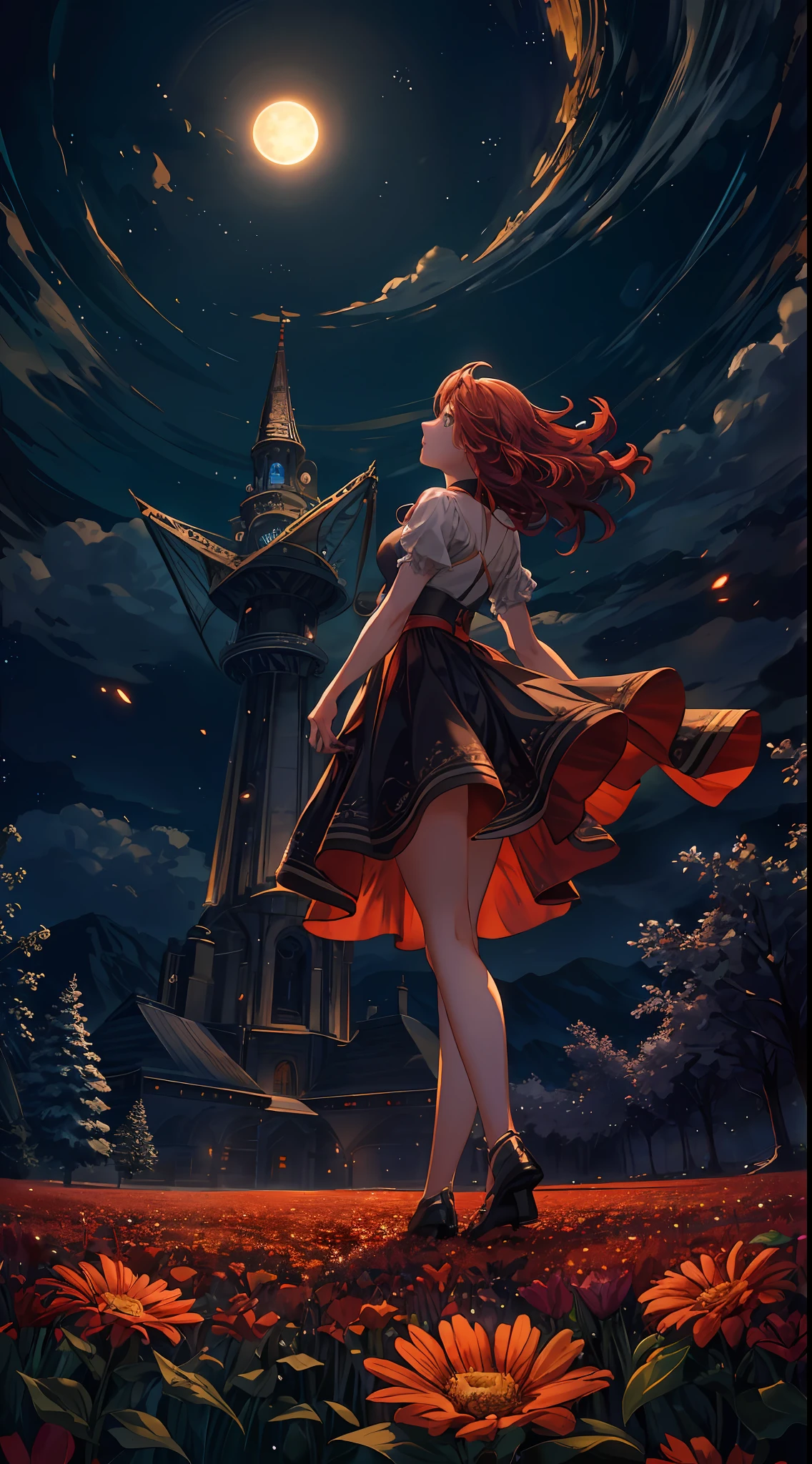 A wide landscape photo, (viewed from below, the sky is above, and the open field is below), a girl standing on a flower field looking up, (full moon: 1.2), (meteor: 0.9), (nebula: 1.3), distant mountains , Trees BREAK Crafting Art, (Warm Light: 1.2), (Firefly: 1.2), Lights, Lots of Purple and Orange, Intricate Details, Volumetric Lighting BREAK (Masterpiece: 1.2), (Best Quality), 4k, Ultra Detailed, (Dynamic Composition: 1.4), Rich in Detail and Color, (Rainbow Color: 1.2), (Glow, Atmospheric Lighting), Dreamy, Magical, (Solo: 1.2)