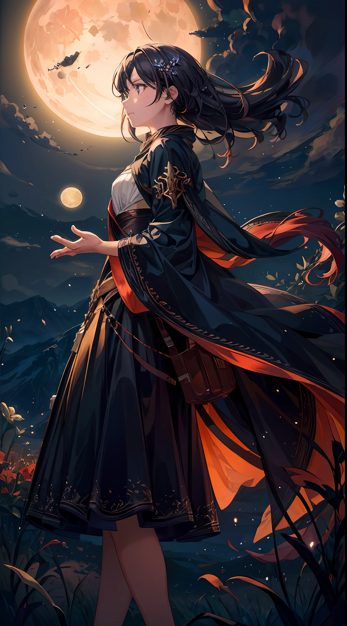 A wide landscape photo, (viewed from below, the sky is above, and the open field is below), a girl standing on a flower field looking up, (full moon: 1.2), (meteor: 0.9), (nebula: 1.3), distant mountains , Trees BREAK Crafting Art, (Warm Light: 1.2), (Firefly: 1.2), Lights, Lots of Purple and Orange, Intricate Details, Volumetric Lighting BREAK (Masterpiece: 1.2), (Best Quality), 4k, Ultra Detailed, (Dynamic Composition: 1.4), Rich in Detail and Color, (Rainbow Color: 1.2), (Glow, Atmospheric Lighting), Dreamy, Magical, (Solo: 1.2)
