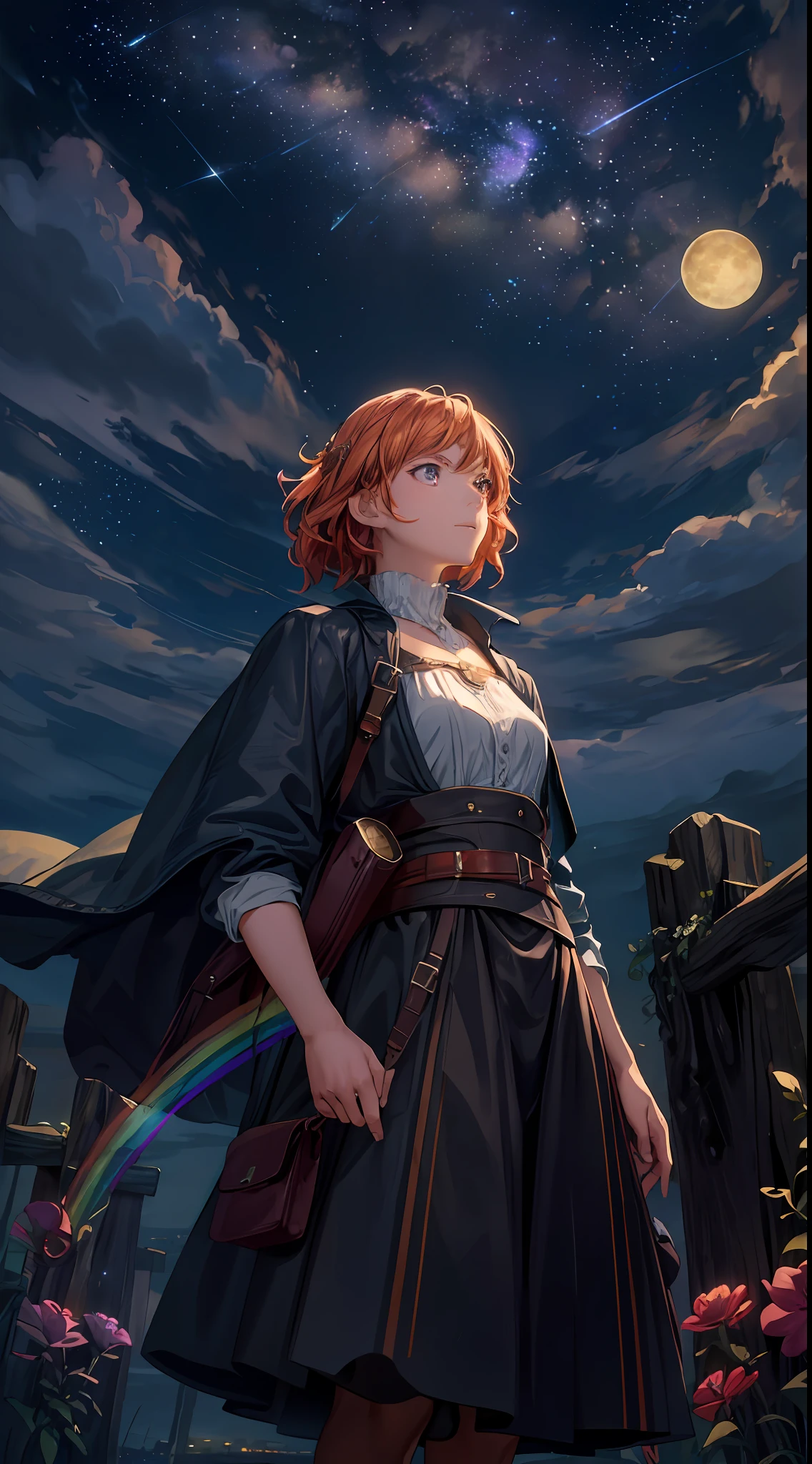 A wide landscape photo, (viewed from below, the sky is above, and the open field is below), a girl standing on a flower field looking up, (full moon: 1.2), (meteor: 0.9), (nebula: 1.3), distant mountains , Trees BREAK Crafting Art, (Warm Light: 1.2), (Firefly: 1.2), Lights, Lots of Purple and Orange, Intricate Details, Volumetric Lighting BREAK (Masterpiece: 1.2), (Best Quality), 4k, Ultra Detailed, (Dynamic Composition: 1.4), Rich in Detail and Color, (Rainbow Color: 1.2), (Glow, Atmospheric Lighting), Dreamy, Magical, (Solo: 1.2)