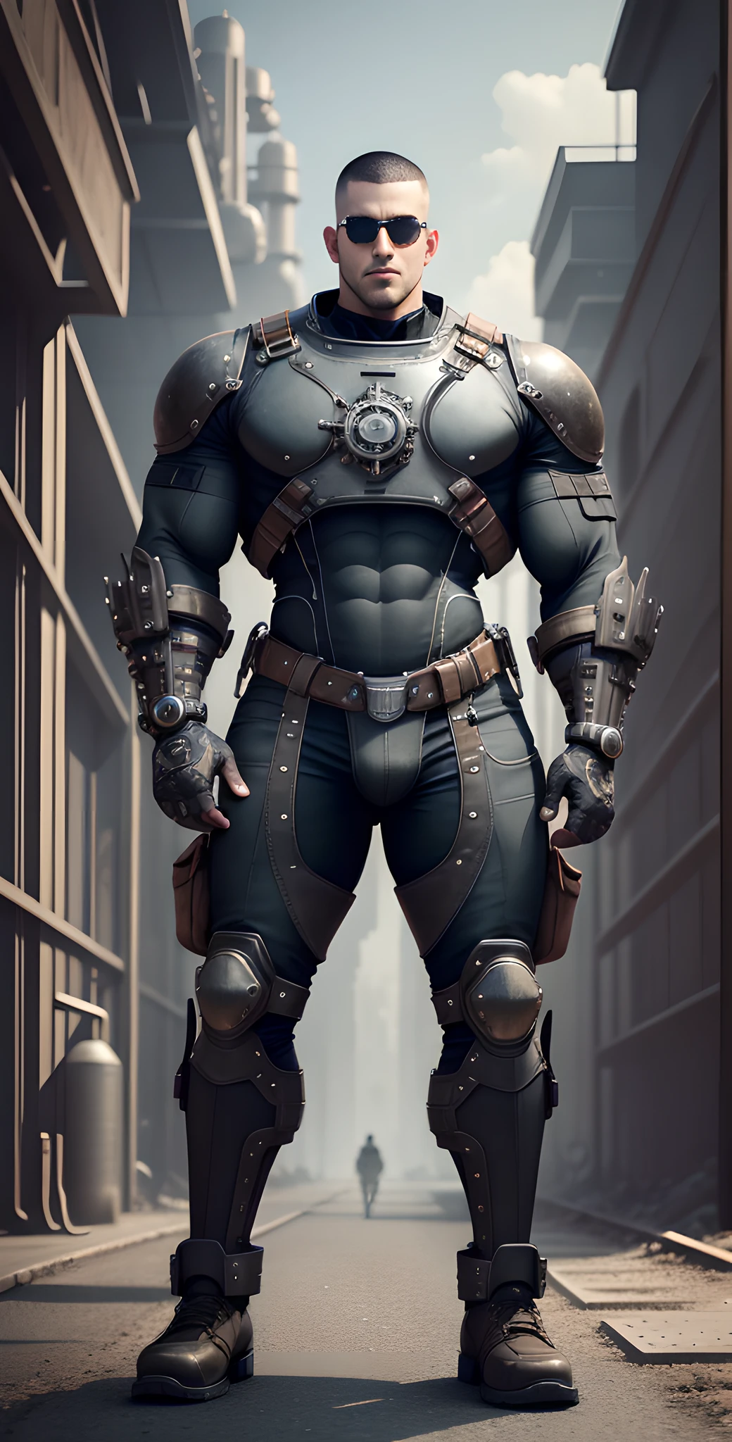 Male in the Heath, tall and burly, black tights, big muscles, big bulge, Buzz cut, black sunglasses, black military boots, buzz cut, steampunk style, steampunk art, complex mechanical devices such as gears, pipes, valves, (huge industrial building: 1.4), gray theme, retro futurism, crazy details, (Fujiflim XT3), 20 megapixels, detailed, cinematic particles,