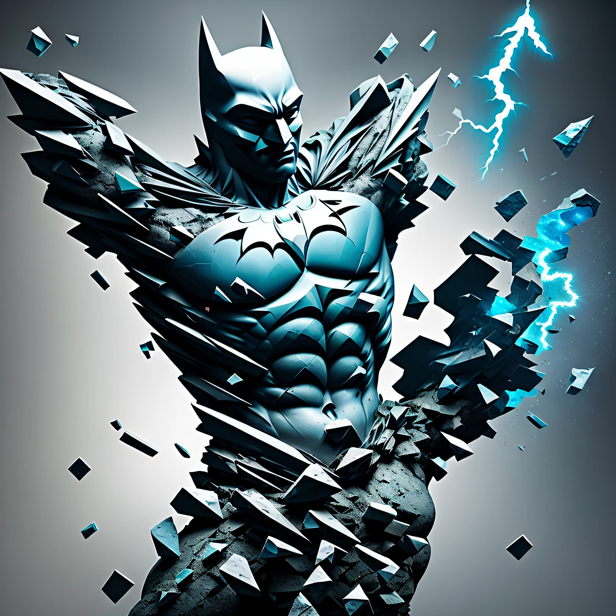 mdjrny-shttr, broken statue of batman made of (marble:1.1) with golden inlays with (blue lightnings:1.3) on background, hyper-realism, best quality hyper-realism, best quality