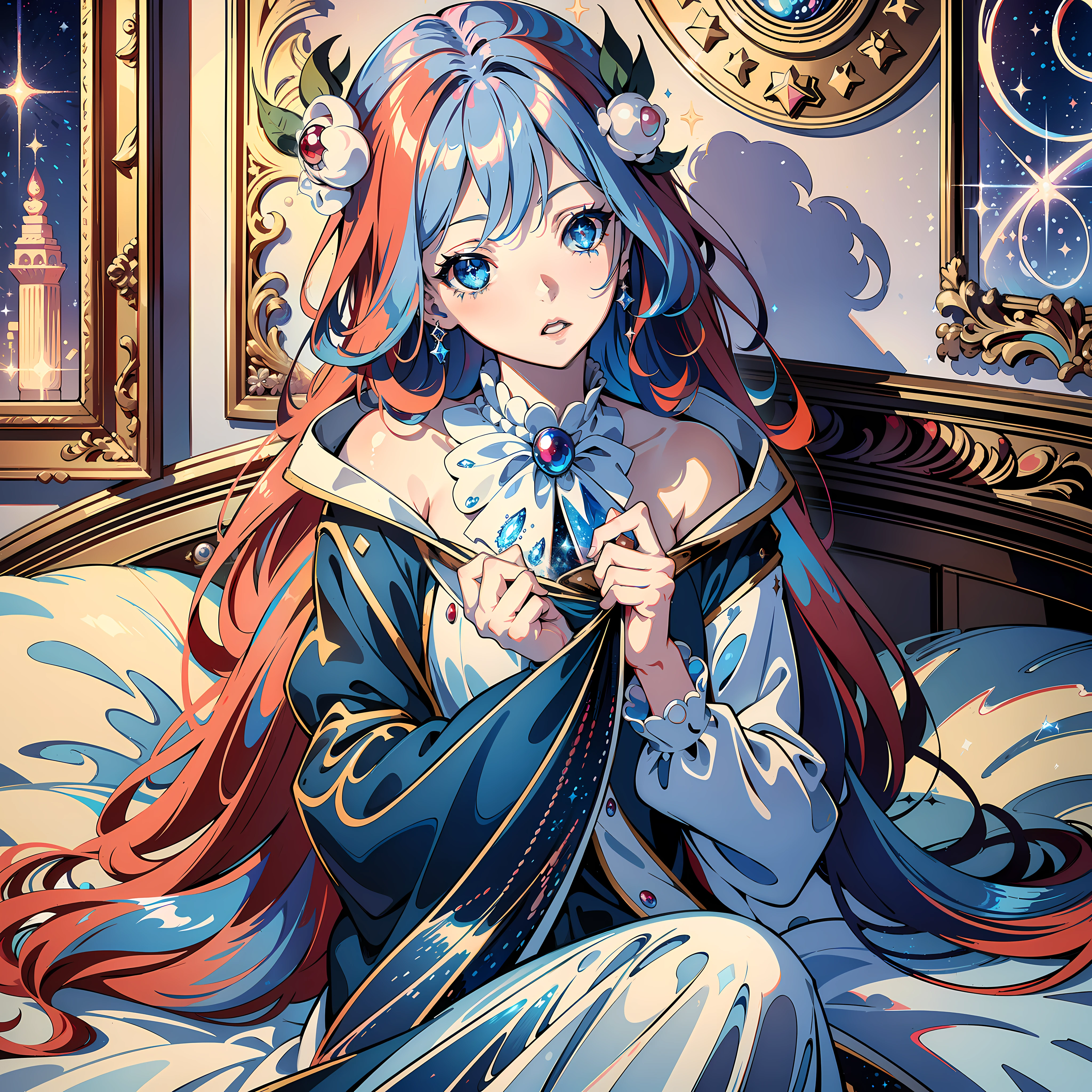 (artwork:1.2), (masterpiece:1.3), (eye details:1.3), (amazing work+best artist), (best illustration), (1girl:1.2), long reddish hair, (blue eyes+sparkling+pearlescent:1.4), (CG 8k setting), low-lit bedroom background