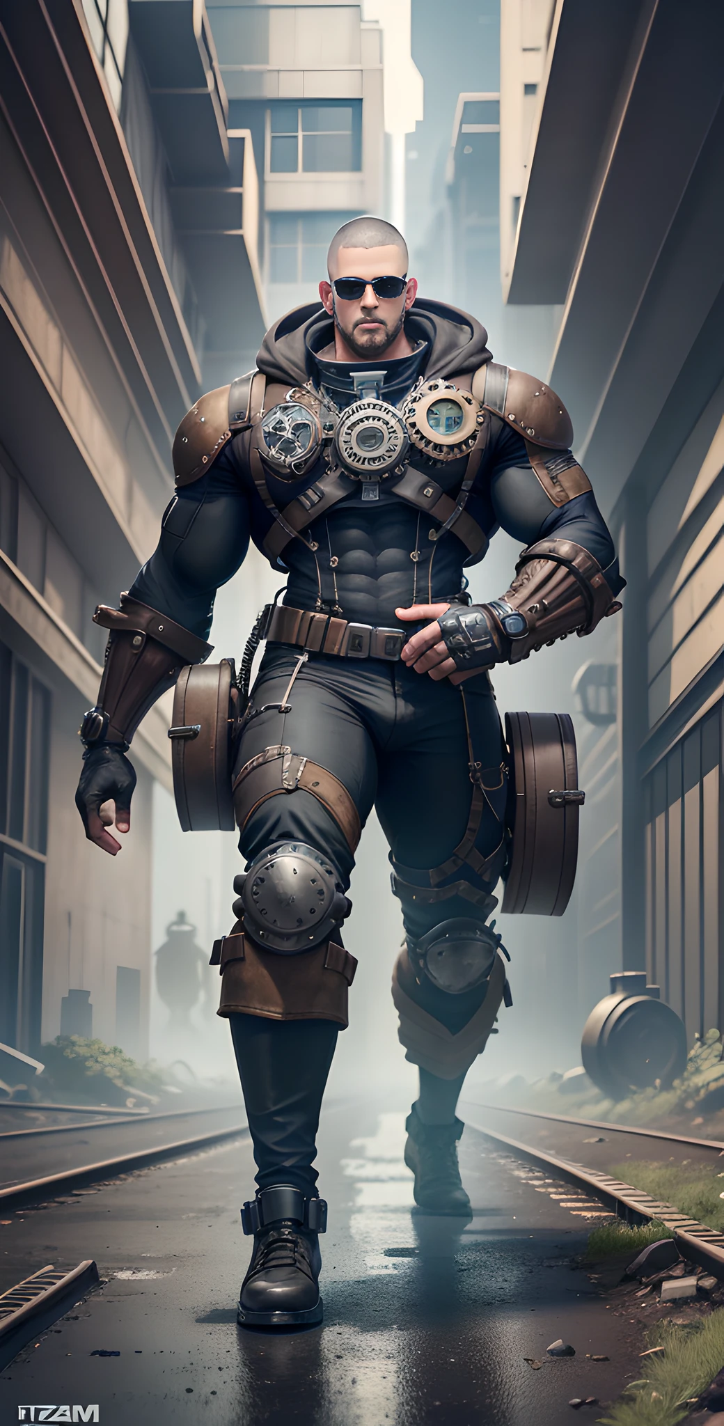 Male in the Heath, tall and burly, black tights, big muscles, big bulge, Buzz cut, black sunglasses, black military boots, buzz cut, steampunk style, steampunk art, complex mechanical devices such as gears, pipes, valves, (huge industrial building: 1.4), gray theme, retro futurism, crazy details, (Fujiflim XT3), 20 megapixels, detailed, cinematic particles,