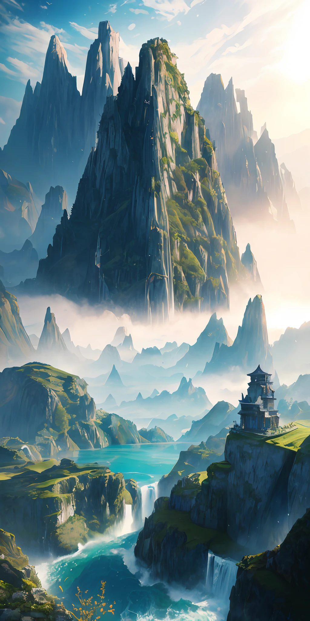Masterpiece, best quality, high quality, extremely detailed CG unity 8k wallpaper, landscape, outdoor, sky, cloud, sky, no humans, mountain, landscape, water, tree, blue sky, waterfall, cliff, nature, lake, river , cloudy skies, award winning photography, bokeh, depth of field, HDR, bloom, chromatic aberration, photorealism, very detailed, trending on artstation, trending on CGsociety, intricate, high detail, dramatic, midjourney art