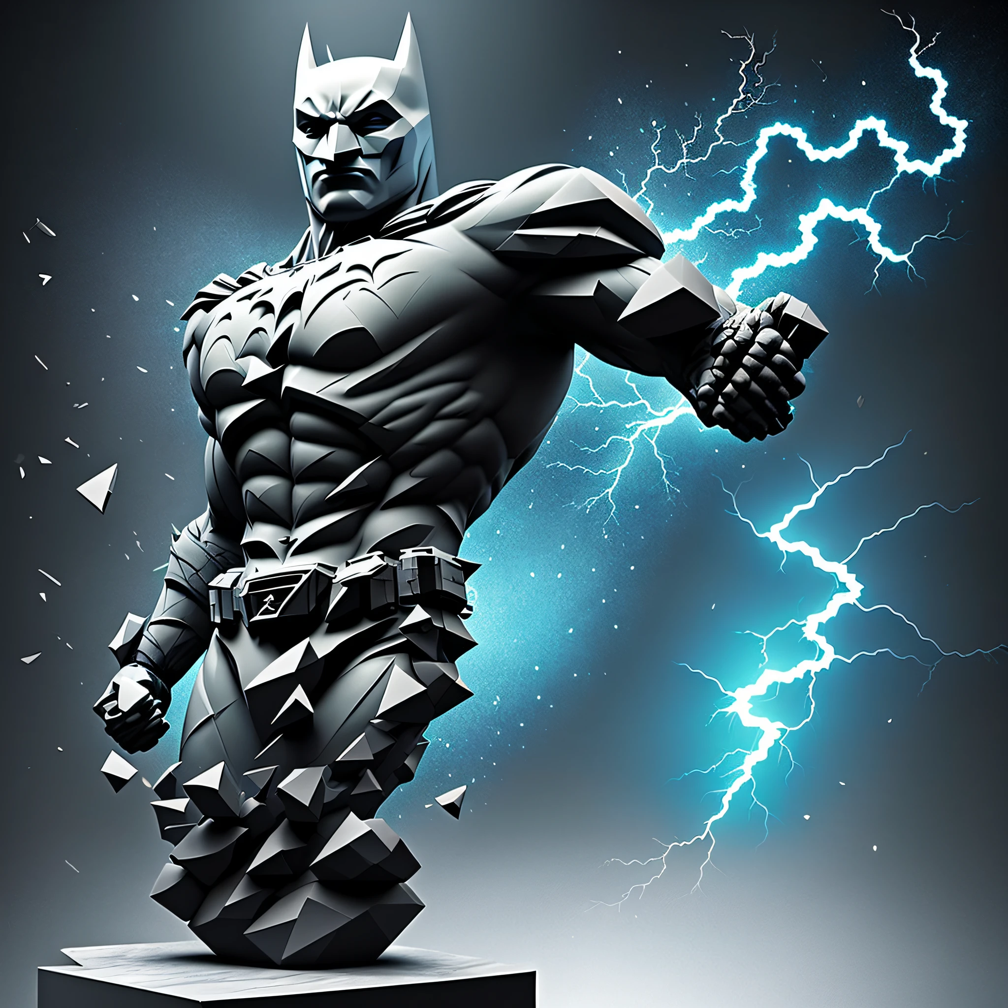 mdjrny-shttr, broken statue of batman made of (marble:1.1) with golden inlays with (blue lightnings:1.3) on background, hyper-realism, best quality hyper-realism, best quality