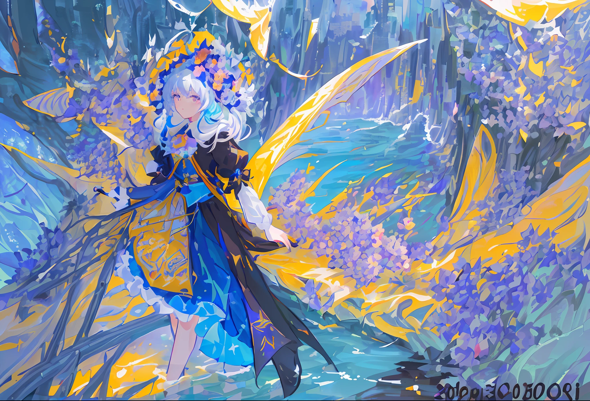 (masterpiece, top quality, best quality, beautiful and aesthetic:1.2), (1girl:1.3), extreme detailed, (colorful:1.1), (colorful background1:1), (#30b3ff:1.5), (#fa52f4:1.1), highest detailed, weapon, holding weapon, (glowing weapon), detailed background, water:1.2, flowers:1.2, masterpiece, 8k