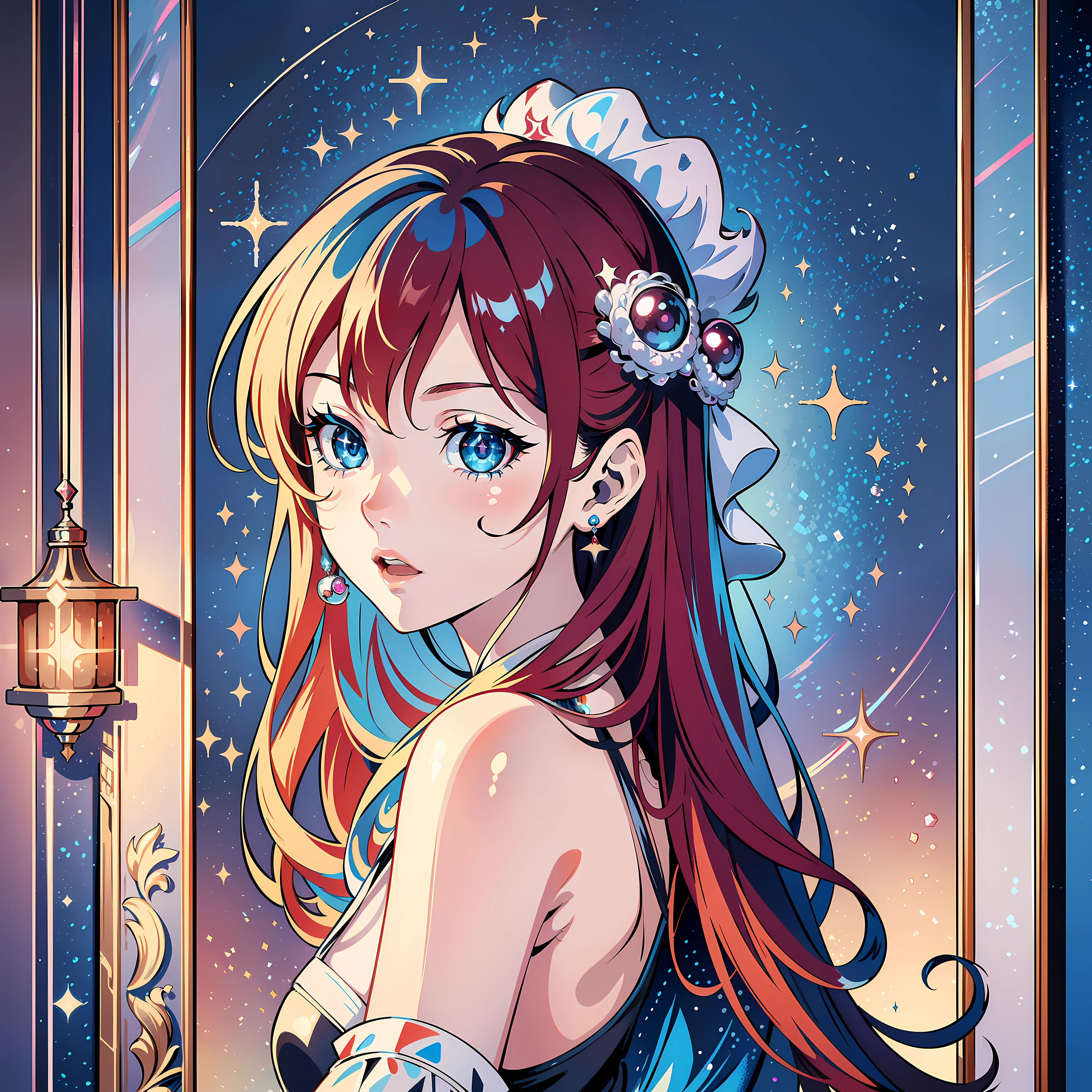(artwork:1.2), (masterpiece:1.3), (eye details:1.3), (amazing work+best artist), (best illustration), (1girl:1.2), long reddish hair, (blue eyes+sparkling+pearlescent:1.4), (CG 8k setting), low-lit bedroom background