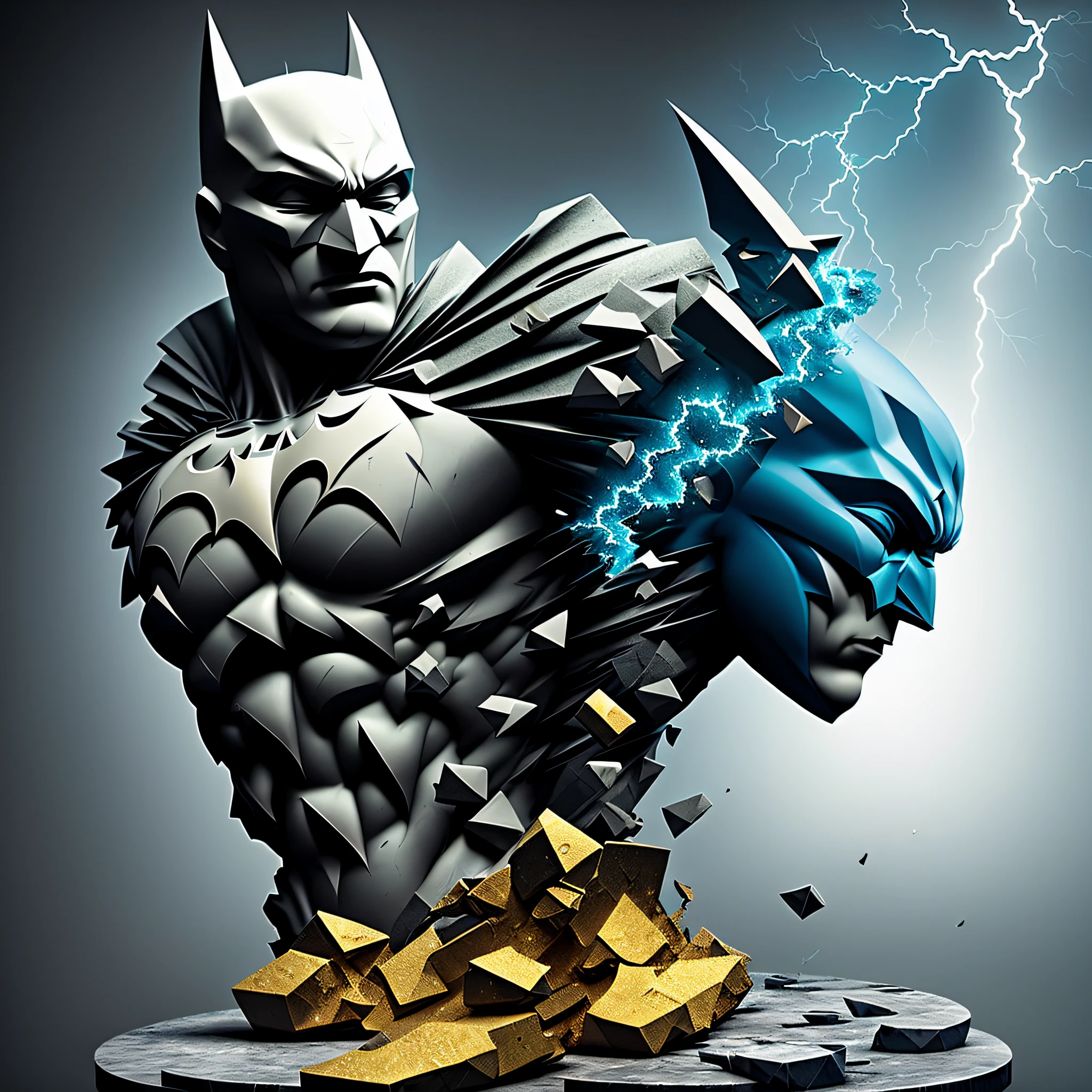 mdjrny-shttr, broken statue of batman made of (marble:1.1) with golden inlays with (blue lightnings:1.3) on background, hyper-realism, best quality hyper-realism, best quality