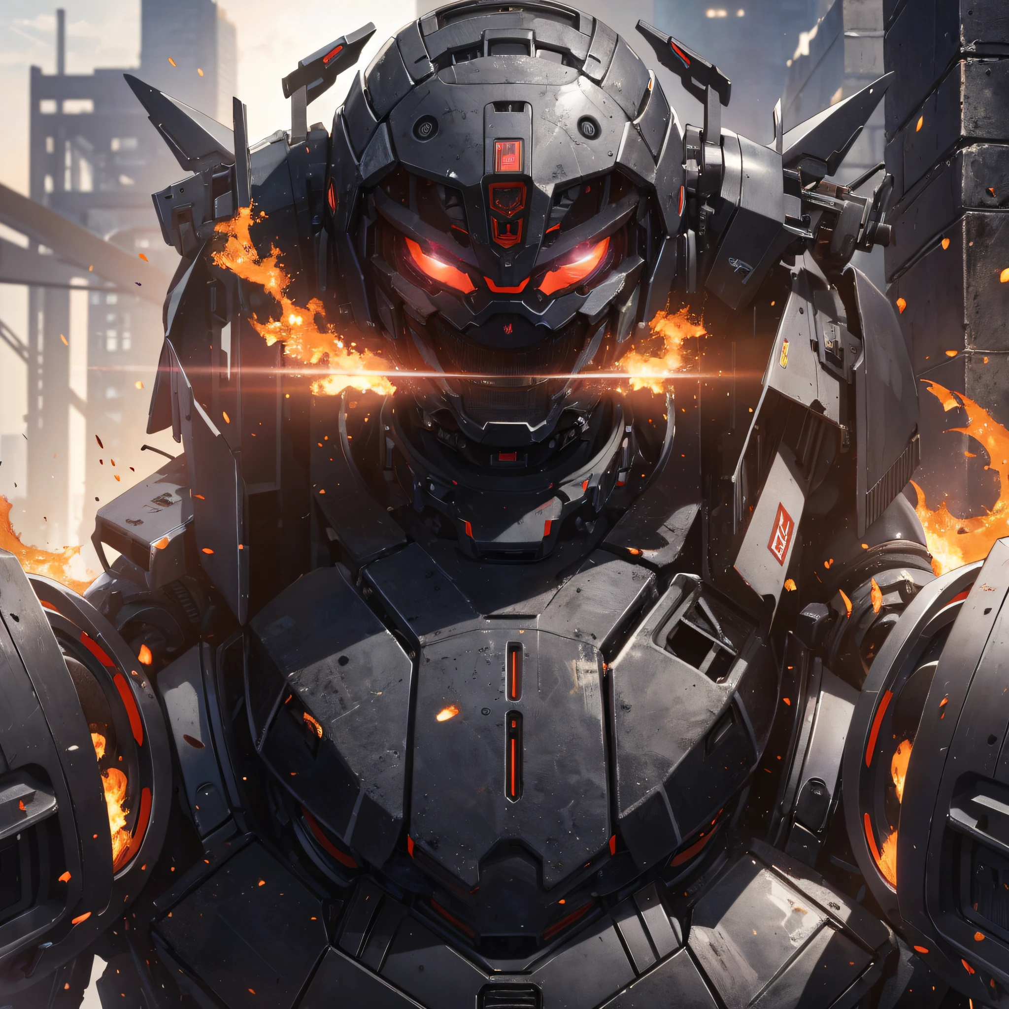 Absurd resolution, high resolution, (masterpiece: 1.4), hyper-detail, a mech, black armor, large warehouse, open eyes, red glasses, facing the lens, fire