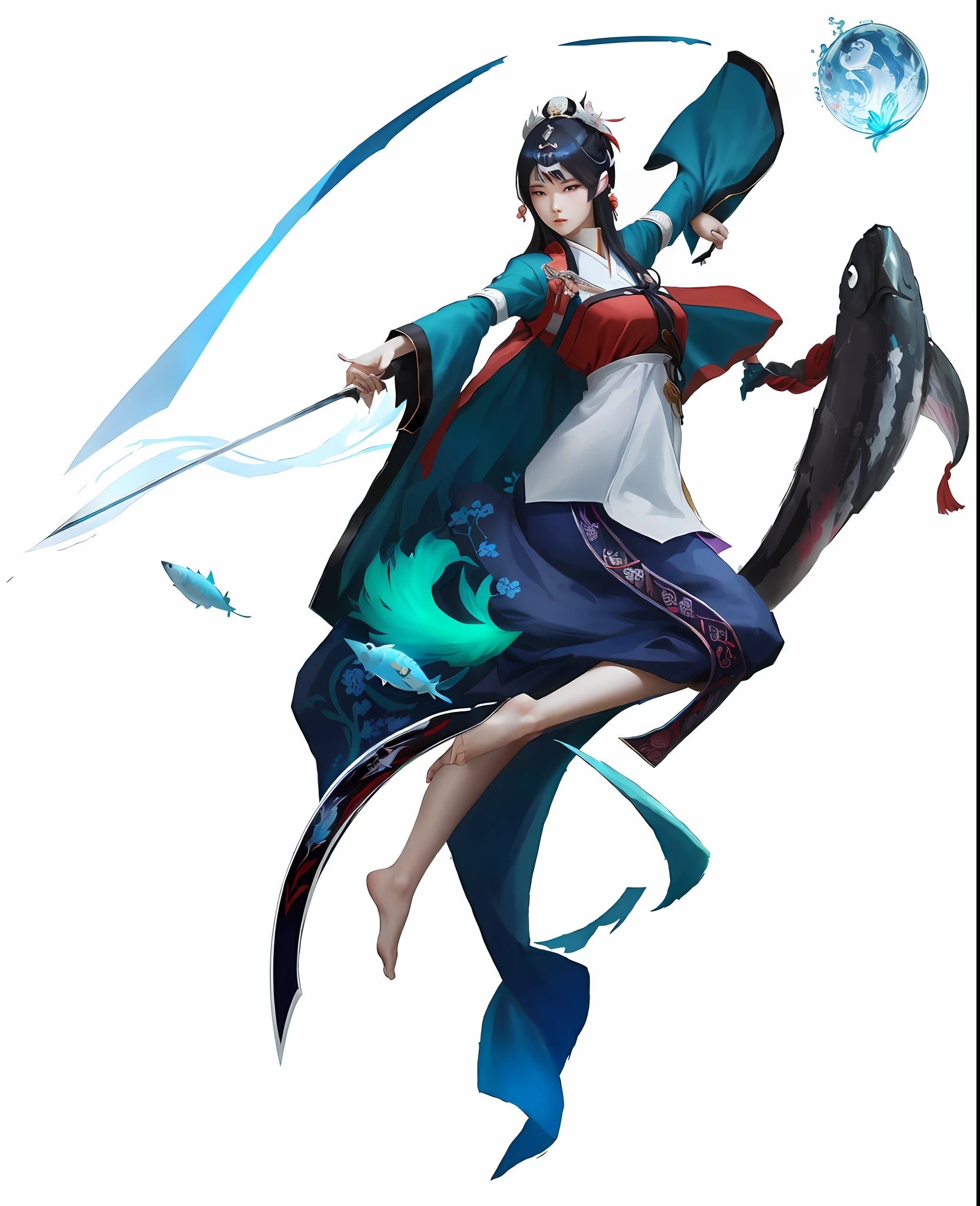 anime character with a sword and a fish in the air, onmyoji detailed art, onmyoji, akali, inspired by Li Mei-shu, full body xianxia, zhang daqian, by Li Zai, by Qu Leilei, heise jinyao, inspired by Cao Zhibai, onmyoji portrait, g liulian art style