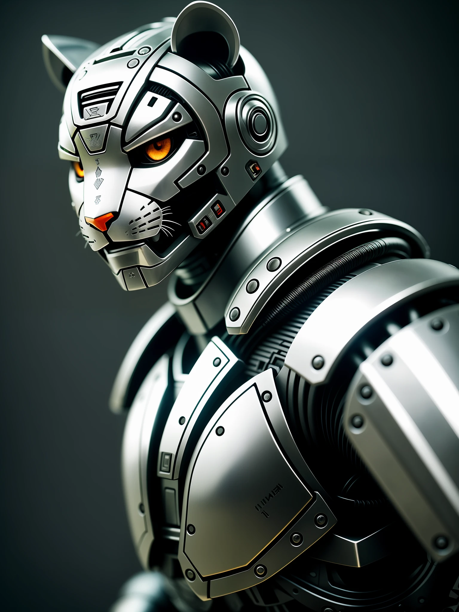 A cute little tiger in metal armor, (cyborg: 1.1), ([tail | detailed wire]:1.3), (intricate detail), hdr, (hyperdetailed: 1.2), cinematic shot, vignette, centered