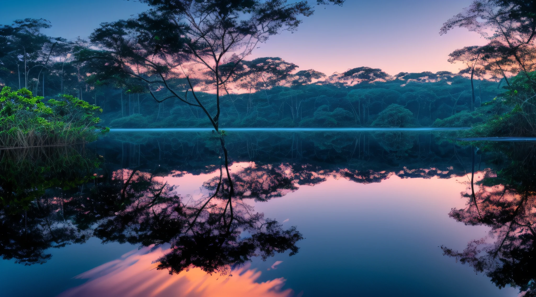 Beautiful sunset, Amazon rainforest in Brazil, clear and deep lake with very tall trees reflected in its waters, birds flying in flocks enjoying the last light of the sun, blue sky, with few clouds, beautiful, wonderful sunset, cinematic 8k, hyperreality blue and green reflections in various shades, trees touching the edge of the lake, diffused (ultra-thin glass reflection) and realism