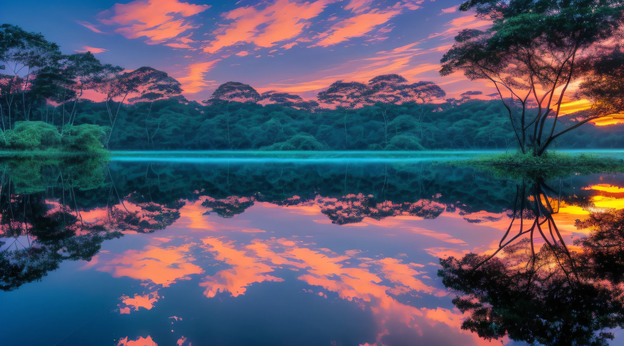 Beautiful sunset, Amazon rainforest in Brazil, clear and deep lake with very tall trees reflected in its waters, birds flying in flocks enjoying the last light of the sun, blue sky, with few clouds, beautiful, wonderful sunset, cinematic 8k, hyperreality blue and green reflections in various shades, trees touching the edge of the lake, diffused (ultra-thin glass reflection) and realism