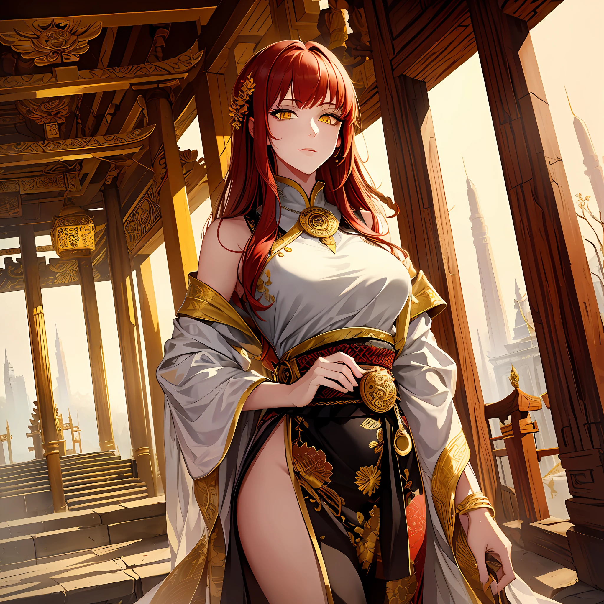 Beautiful tall woman with red hair yellow eyes temple scenery