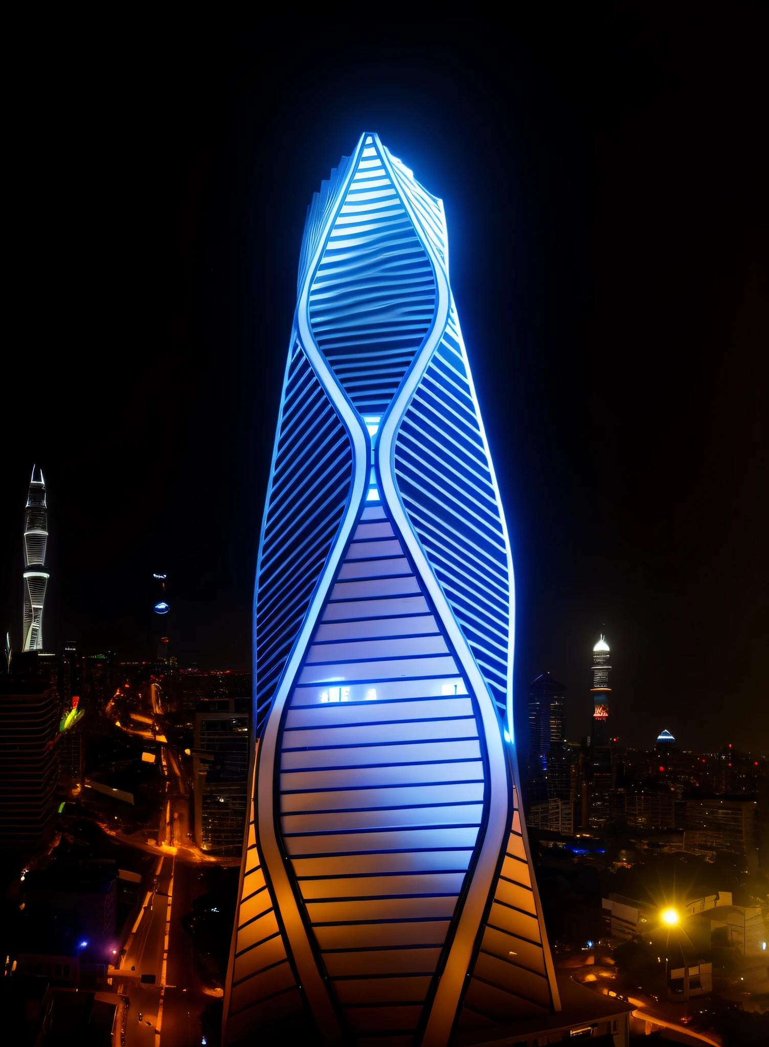 Alafard building side with spiral design, YouTube video screenshot, beautifully lit building, inspired by Chasbio, curved architecture, futuristic tower, twisted giant tower, by Chasbio, futuristic skyscraper, flawless structure, high-rise building, Shanghai, night shot, super tall building, the building is a skyscraper, drone lights up the building into a torch --auto --s2
