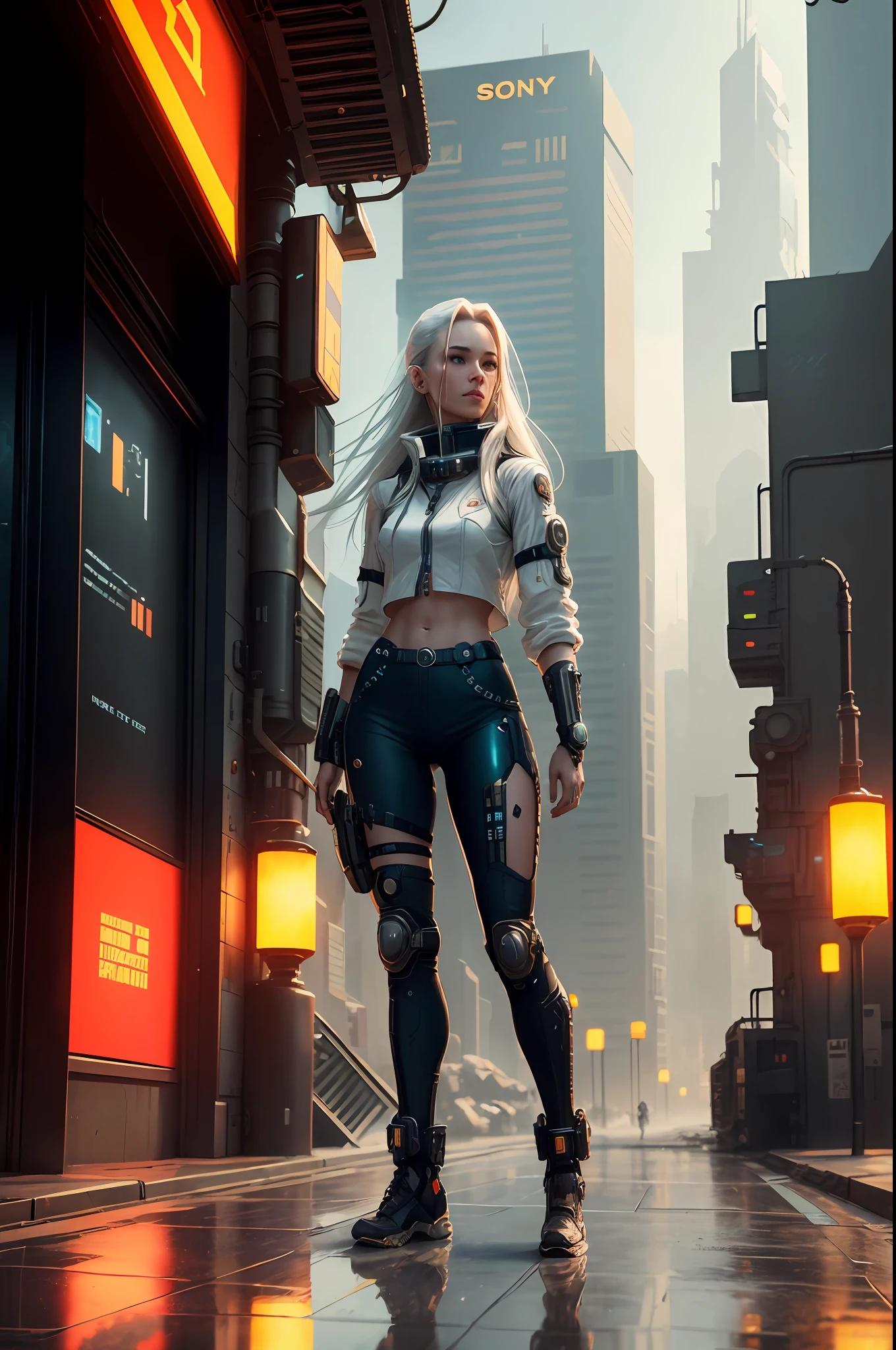 Dystopian, [sci-fi], High Detail RAW Color Photo, Full Shot of (Cute Female Arterial Intelligence, Wearing Transparent White Shirt), Outdoor, Standing, Long Hair, Toned Physique, Big Ass, (Pale Skin), Perfect Face, (Cybernetic Implants: 1.2), (Augmentations), (Cyborg: 1.1), (Detailed Skin, Fuzzy Skin Pores), Silicone, Metal, (Highly Detailed, Fine, Intricate Details), (Lens Reflection:  0.5), ( bloom:0.5), smog, dust, (badlands:0.8), (observitory:0.7), raytracing, specular lighting, shallow depth of field, photographed on Sony Alpha 1, EF 85mm lens, f/2.8, hard focus, smooth, cinematic film, [Cyberpunk: Orwelian: 12] (ultimate phtoreal Concept Art), cyberpunk environment: 1.2, ([cyberpunk: fantasy: 25]), punk fantasy, Asian punk, steam punk, 3D, space, science fiction, vector, environment,  cyberpunk, space station, fantasy city street in the background, city lights background, STEAMPUNK STYLE