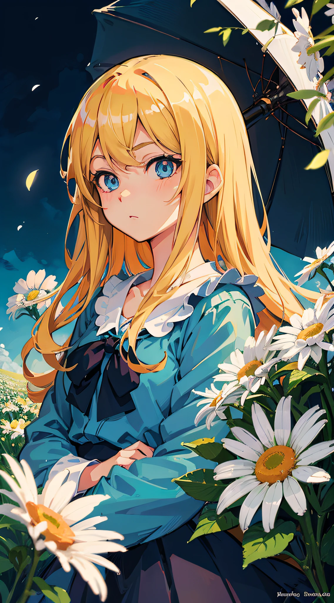 Shinkai Makoto style anime girl portrait, soft illustration style, clean detailed art style, digitized anime illustration, high quality art style, cute portrait with long blonde hair and blue eyes, big eyes and doting eyes, beautiful anime portrait surrounded by daisies, playful and natural anime face and white eyes, cute digital art style.