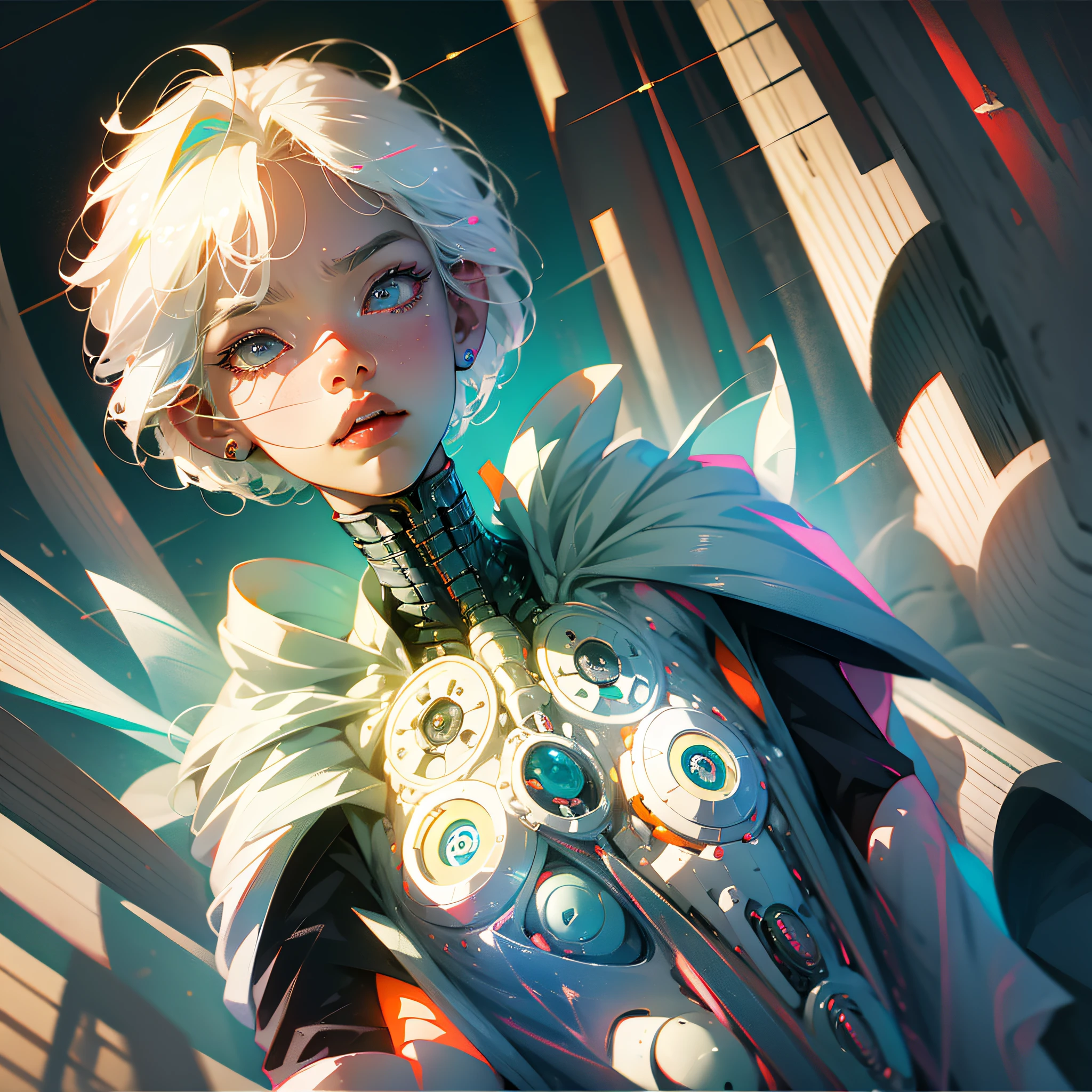 Albino robot man, android, short hair, juvenile shonen, manga, albino robot, android, short hair, juvenile shonen, manga, white hair, expressive hair, bright hair, yellow eyes, diamond-shaped pupils, serious, anime, Op art, Ghibli-like colors, Concept art, Futurism, modern, high detail, god rays, speed lines, framing, isometric, Dutch angle --auto --s2