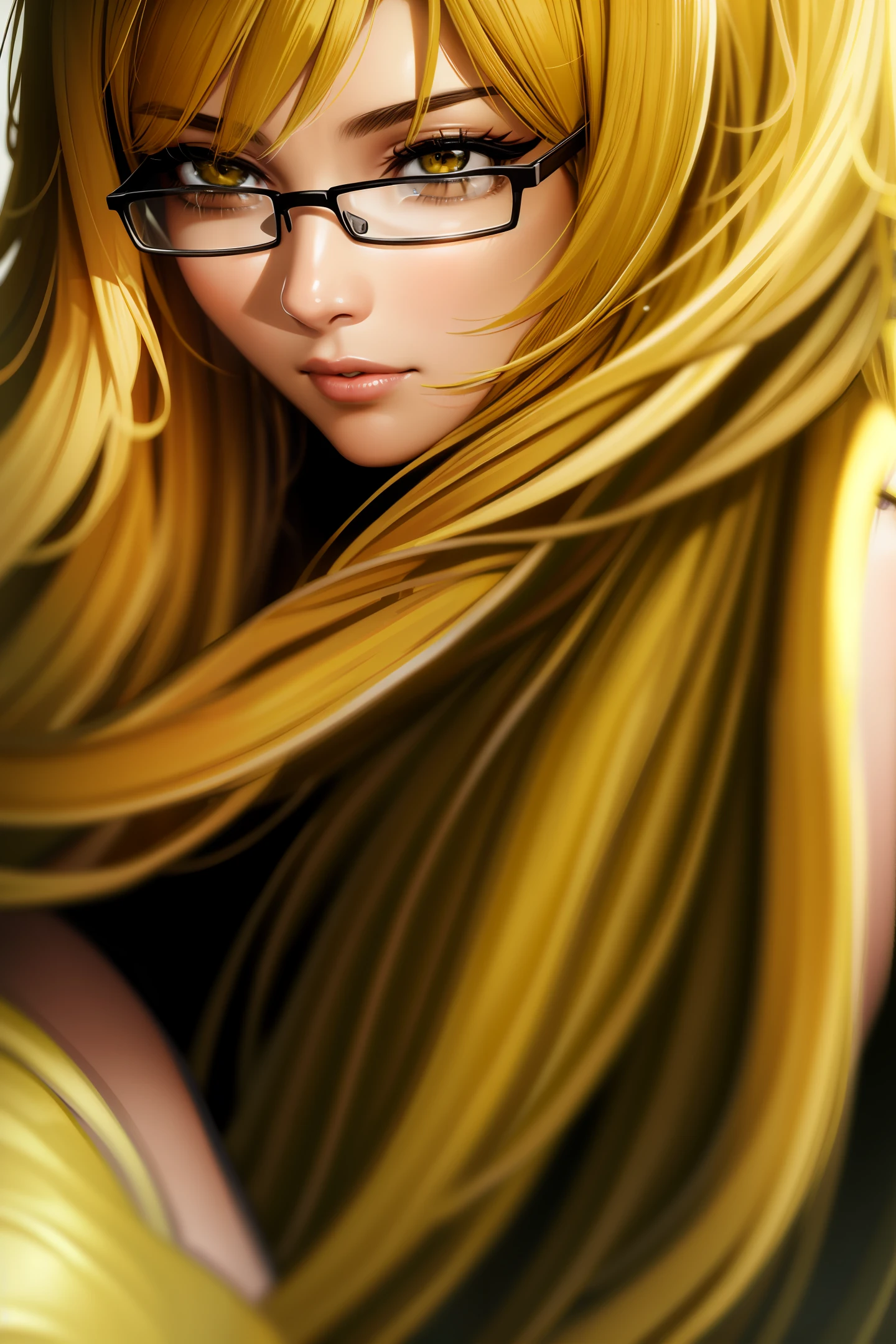realistic,Thai style a woman, yellow long hair, bangs, green eyes, with glasses.close-up. Full lips. Face of gorgeous woman. Contrast of light and dark. Dynamic angle. Studio. f/11, studio