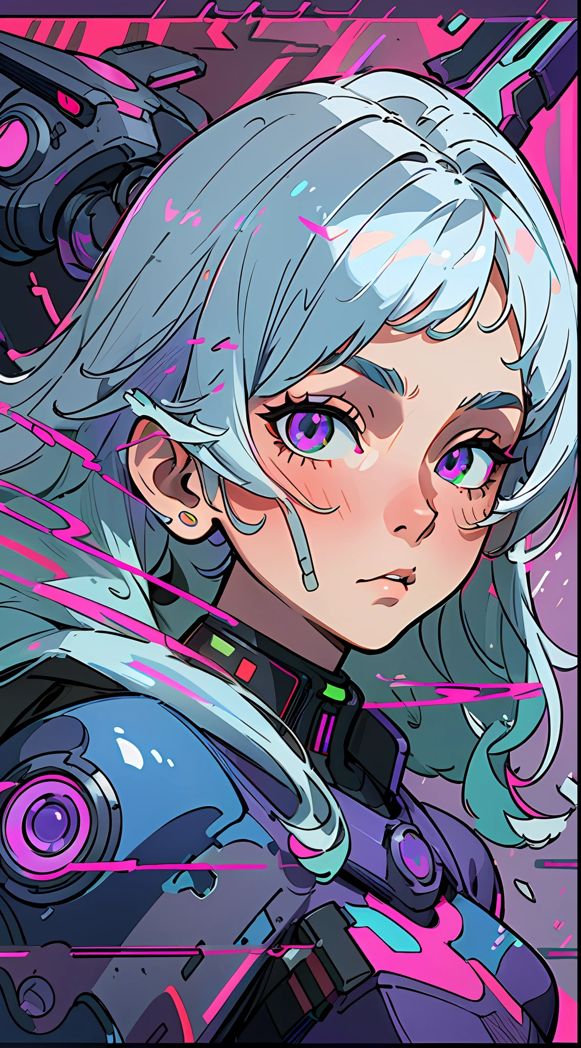 (Extremely detailed CG unity 8k wallpaper, masterpiece, best quality, super detailed), (best lighting, best shadow, extremely refined and beautiful), floating, dynamic angle, (1girl), (cyberpunk style, neon), (red: 1.3 + purple + green: 1.2+ Blue: 0.9) hair, (Cyberpunk outfit: 1.3), metallic silver accessories, glowing eyes, high resolution, 3D art, Unreal Engine 5 style, clear lines, good facial features, blue-purple gradient eyes