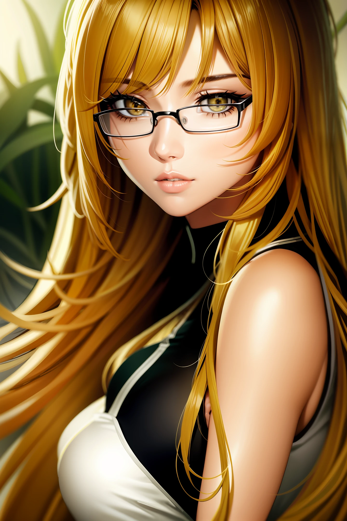 realistic,Thai style a woman, yellow long hair, bangs, green eyes, with glasses.close-up. Full lips. Face of gorgeous woman. Contrast of light and dark. Dynamic angle. Studio. f/11, studio