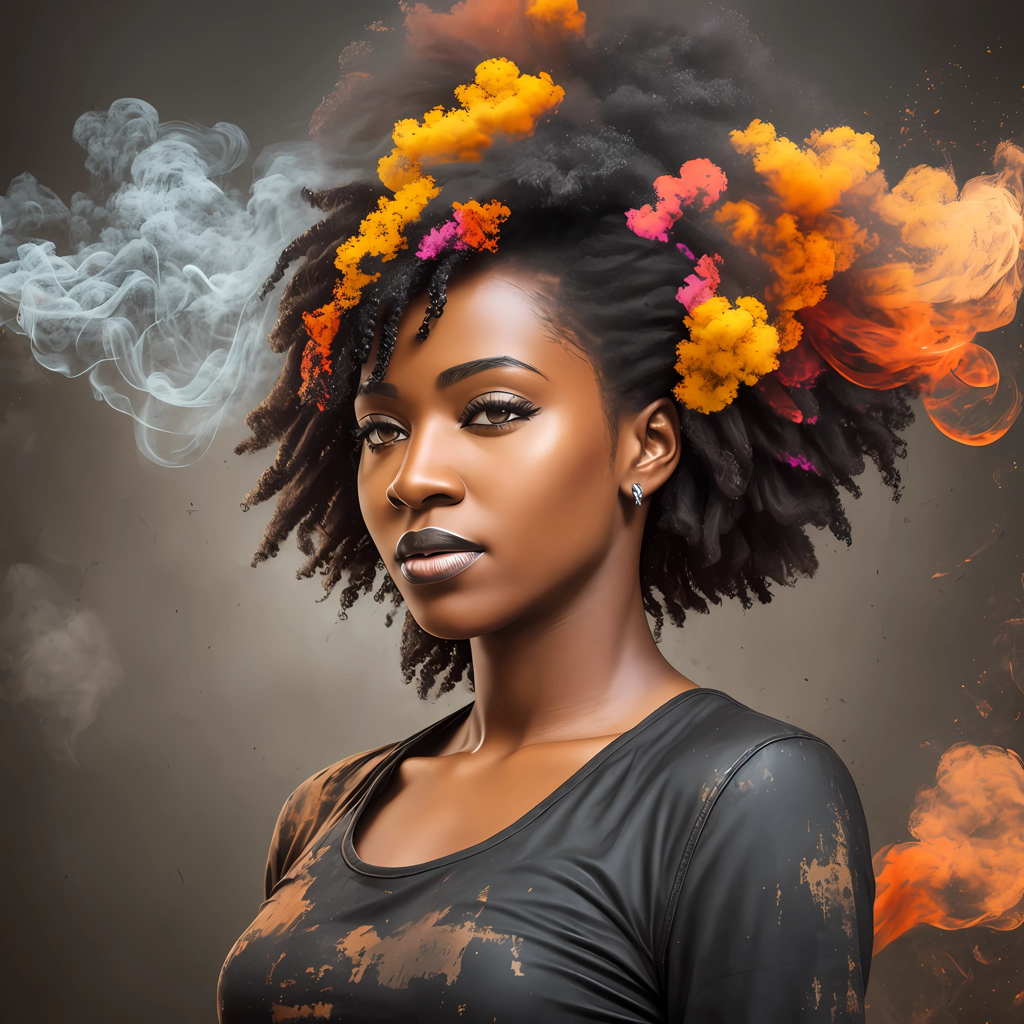 Realistic photo ((4k)), using a female face of a black woman, black hair mixed with a colorful smoke, textured paint, rusty steel background, (((best quality))) --auto --s2