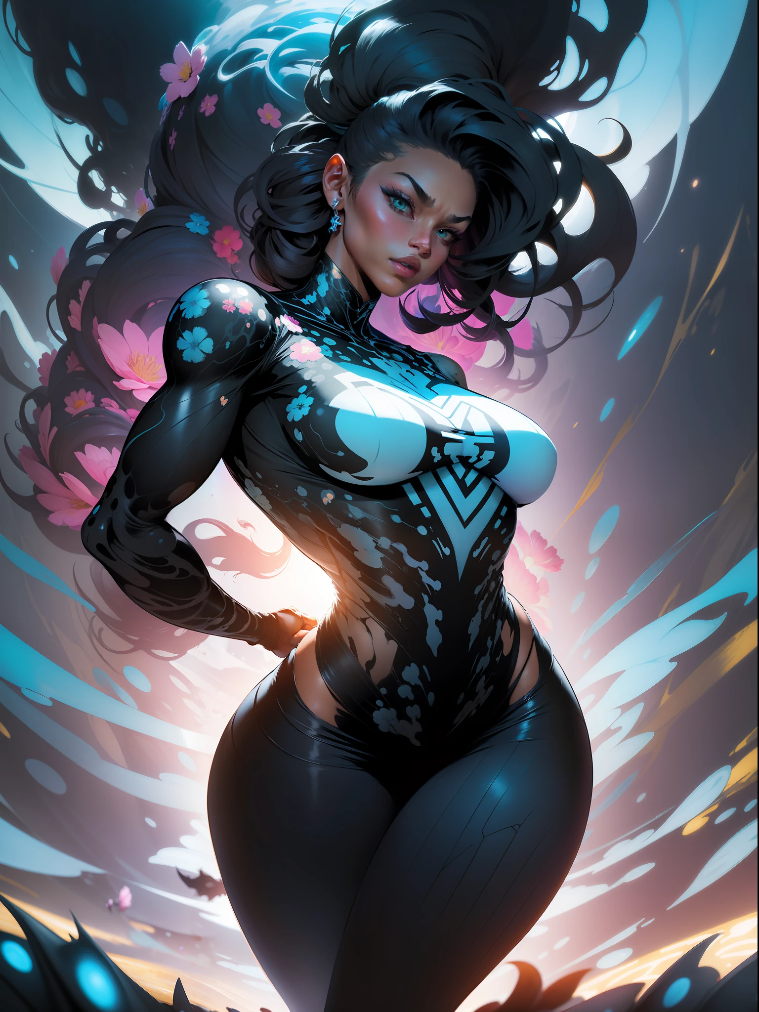 :: Comix Style by Joe Madureira :: "Black Woman'' , perfect and detailed, ultra detailed shirt with abstract design, with flower print on the sides of the dress, image of woman fighting with alien creature full of tentacles, with immersive effects, hover effect, graphite style background with vibrant colors "HDR Ultra" detailed and with focus effect, heterochromia, perfect anatomy, centered, approaching perfection, dynamic, highly detailed,absurd resolution, high resolution, (masterpiece: 1.4), hyper-detail, coming out of an open giant flower wrapped in a light blue goo