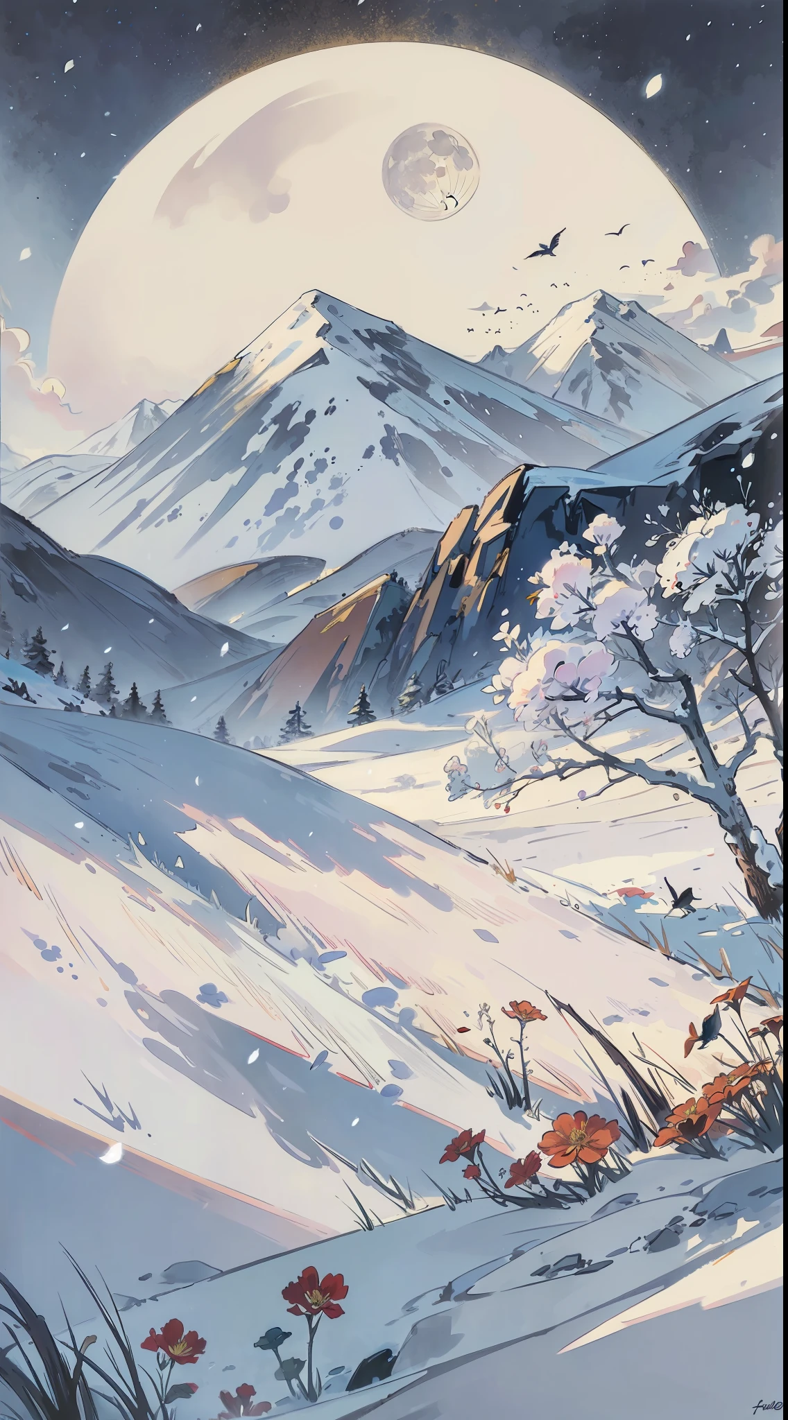 A painting of flowers and birds, the painting is a lot of flowers blooming on the ground, snow, hills, and a full moon in the sky