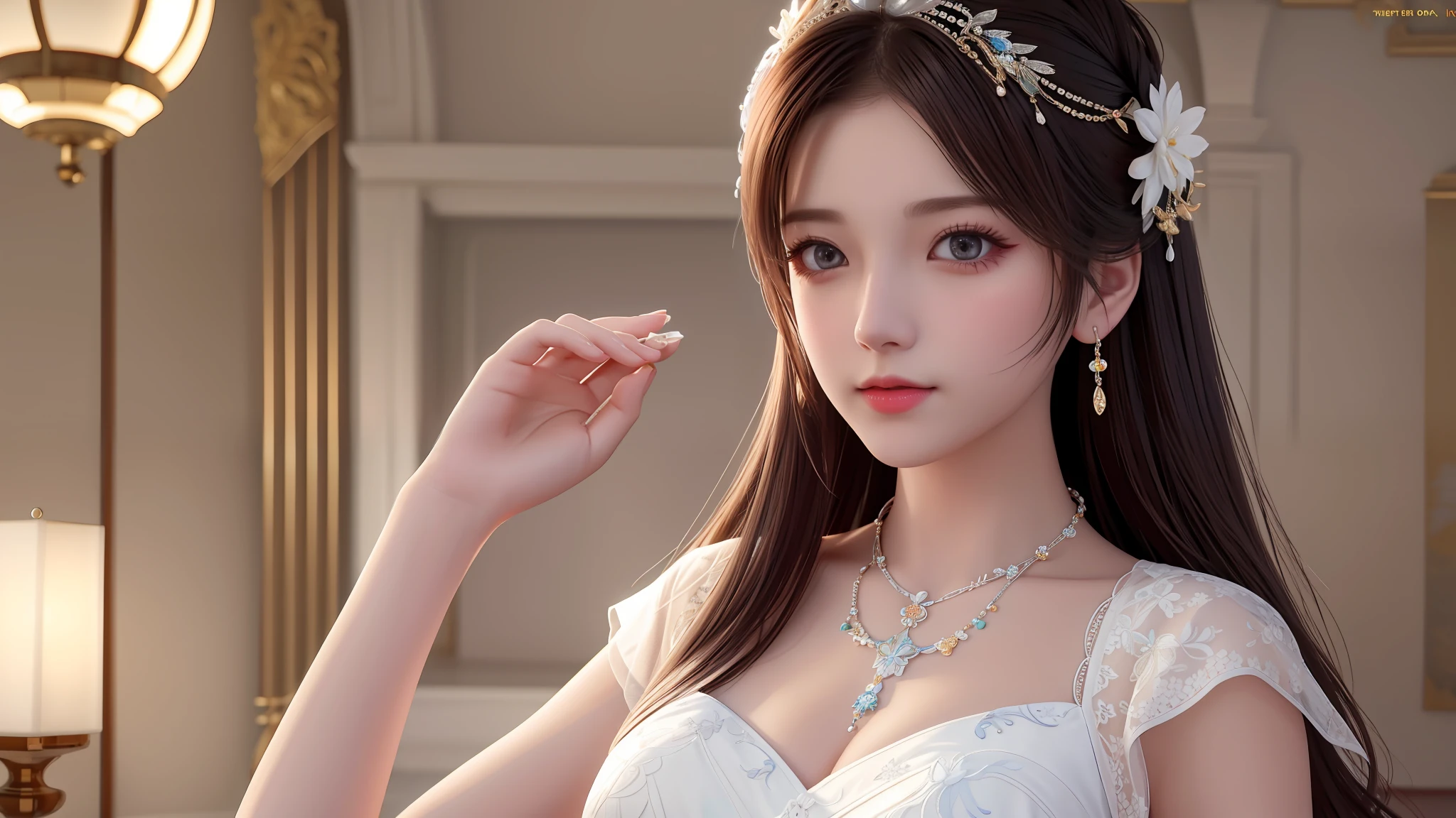 Best Quality, Masterpiece, High Resolution, 1girl, Porcelain Dress, Hair Accessories, Necklace, Jewelry, Pretty Face, On Body, Tyndall Effect, Realistic, Shadow Studio, Rim Lighting, Dual Tone Lighting, (High Detail Skins: 1.2), 8k UHD, dslr, soft light, high quality, volume light, sneak shot, photo, high resolution, 4k, 8k, background blur,