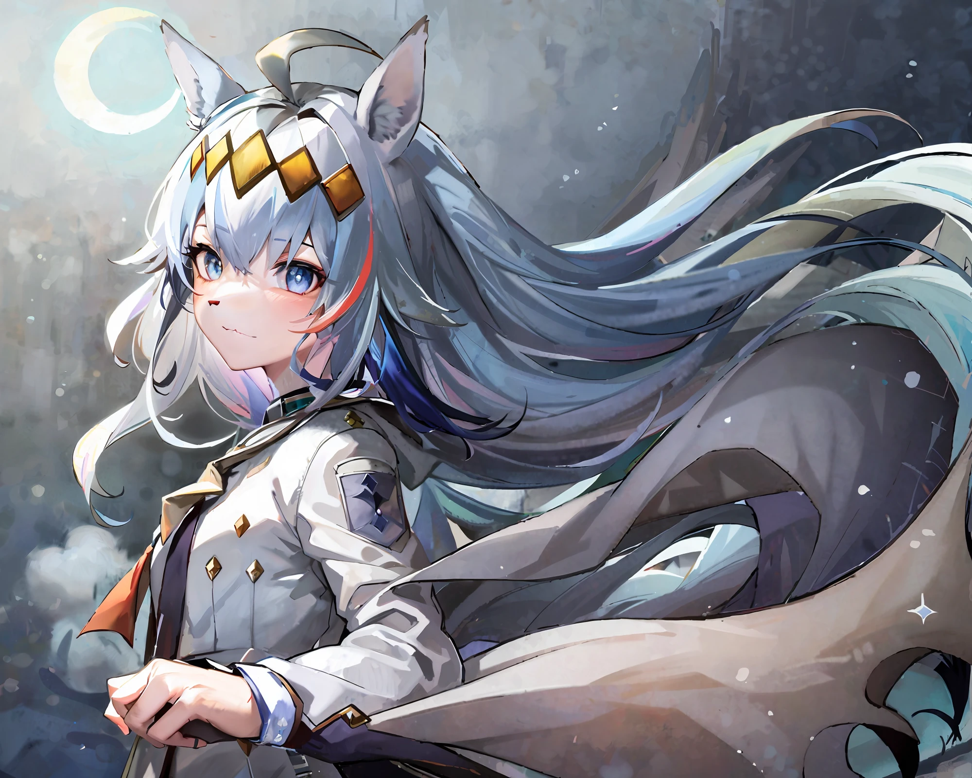 (fluffy anthro furry:1.3), 1girl, solo, furry wolf, wolf ears, kemono, (closed mouth, cloak:0.9), crescent moon, moonlight, hair ribbon, ahoge, two-tone hair, (atmospheric perspective, amazing background, night, cloudy sky, snow, snowing, glacier:0.8), (multicolored hair, blue eyes:1.3),