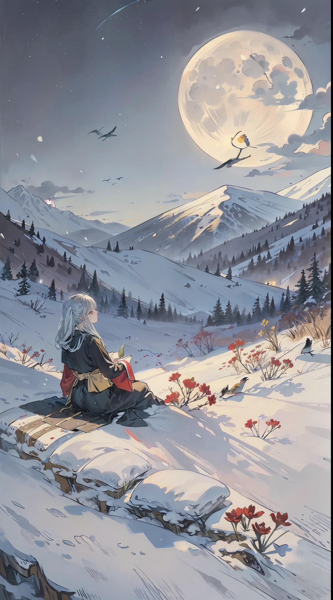 A painting of flowers and birds, the painting is a lot of flowers blooming on the ground, snow, hills, and a full moon in the sky