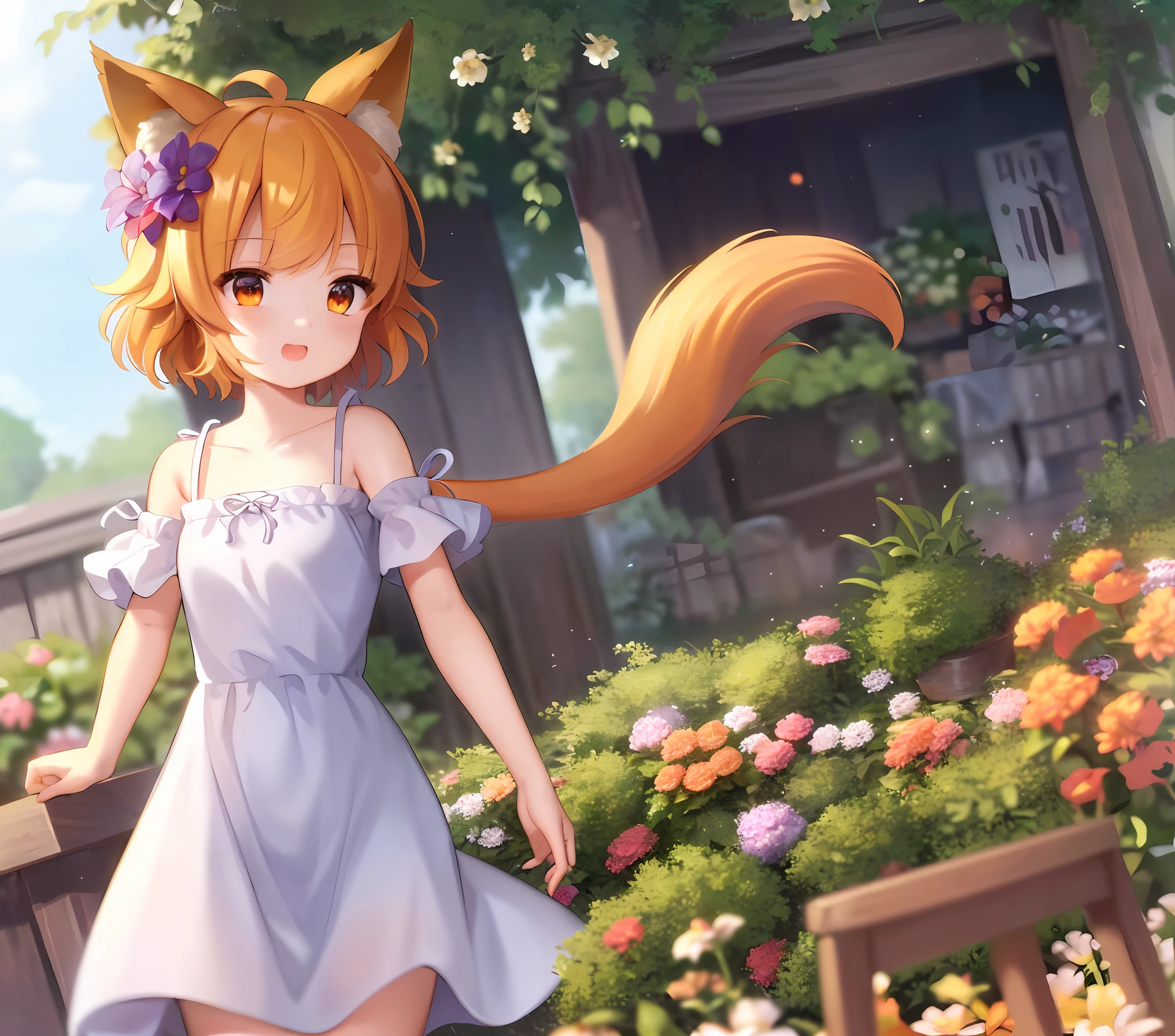 masterpiece, best quality, detailed background, cinematic lighting, sen, animal ears, fox ears, fox girl, fox tail, hair flower, hair ornament, orange eyes, orange hair, short hair, tail, 1girl, solo, garden, outdoors, sunrays, cloud, sky, outdoors, cloudy sky, leaf, sunbeam upper body, ((dress, white dress)), happy