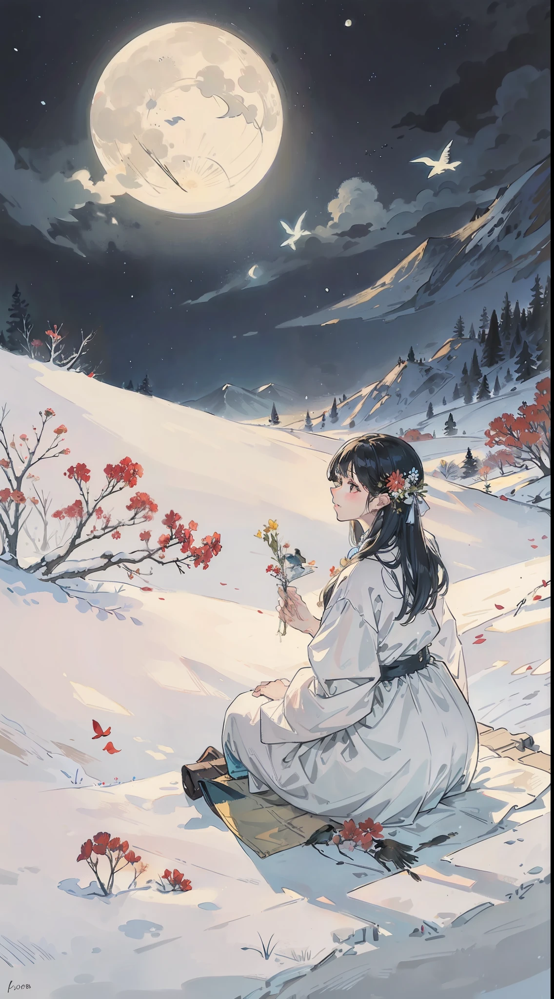 A painting of flowers and birds, the painting is a lot of flowers blooming on the ground, snow, hills, and a full moon in the sky