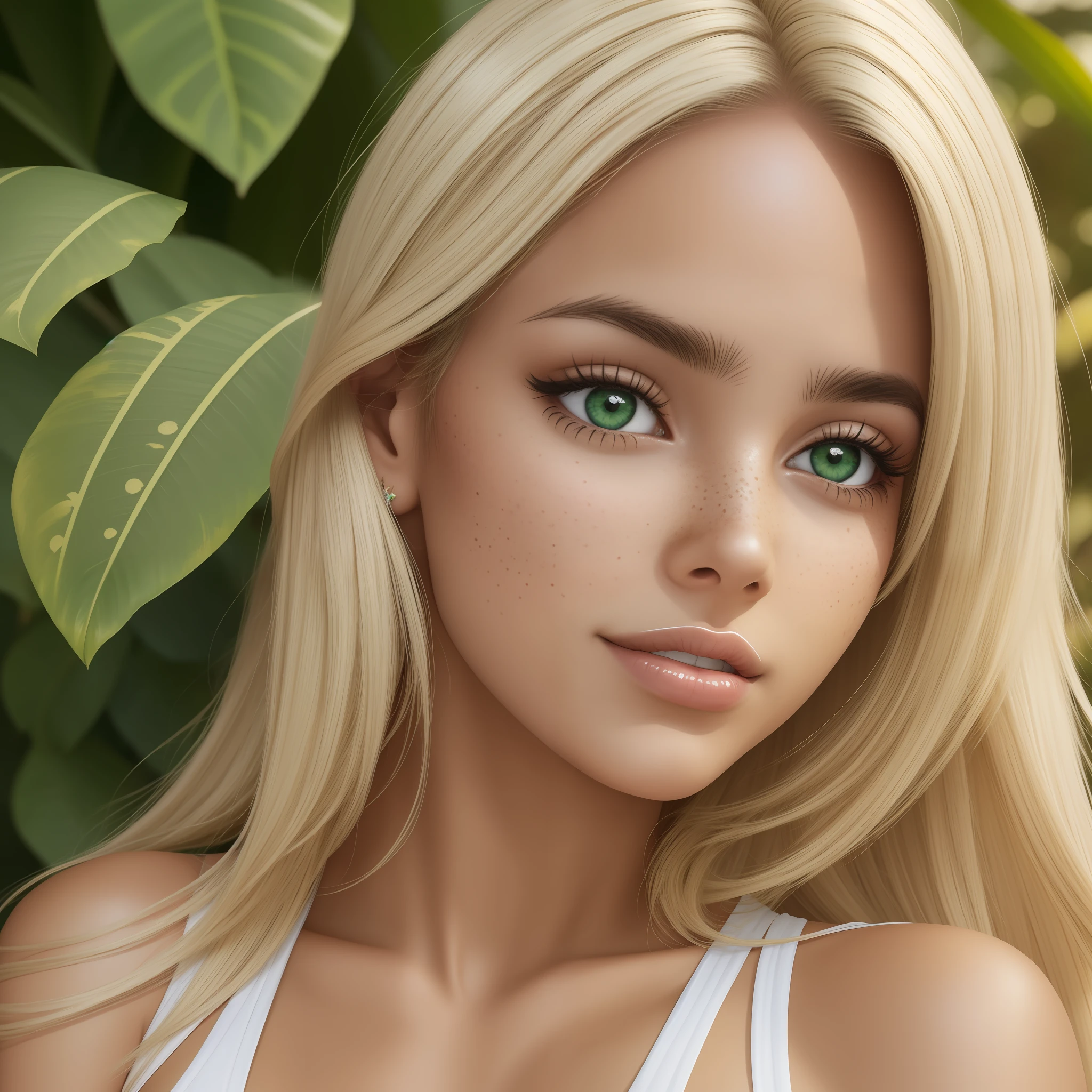 Brazilian woman Blonde, South American, white with tanned skin, green eyes, thin, with medium breasts and freckles, blonde with visible freckles detailed on the face, better quality.