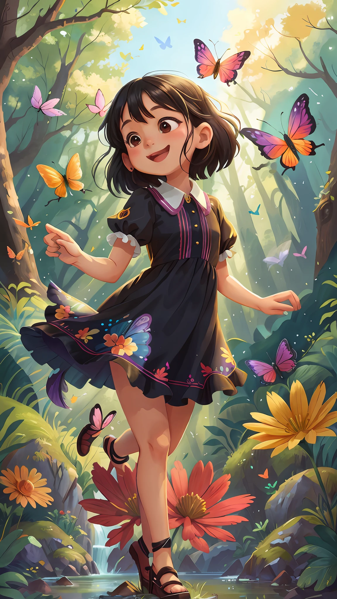 Masterpiece, best quality, magic dress, 1 girl, black hair, cool pose, fresh forest, colorful flowers and birds intertwined, butterflies fluttering, riverside flowing, smiling head-up, beautiful and dignified, sunny city.