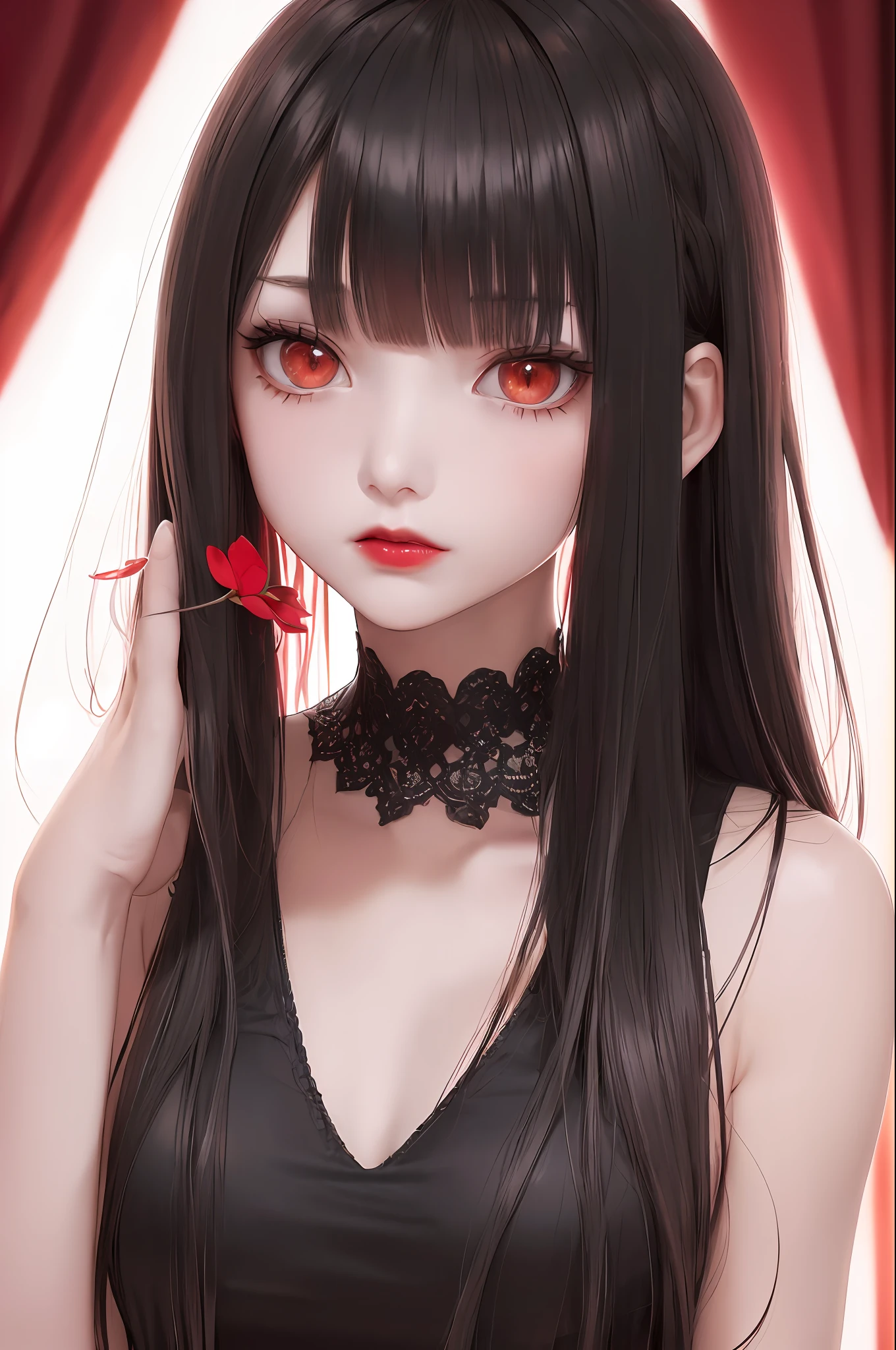 (very delicate and beautiful), higan flower, (red flower on background) grotesque, scary, long bangs, (very delicate and beautiful), (hidden by bangs and eyes invisible) (simple clothes), (dark) (upper body) (red lipstick), (dynamic angle, portrait), (black hair), (black camisole), (simple clothes) beautiful face, white skin, depth of field, glowing lips, bright colors, ( (expressionless) (expressionless), (higanhana in background) (red manukia) (higanhana in hand) (higanhana in hand)